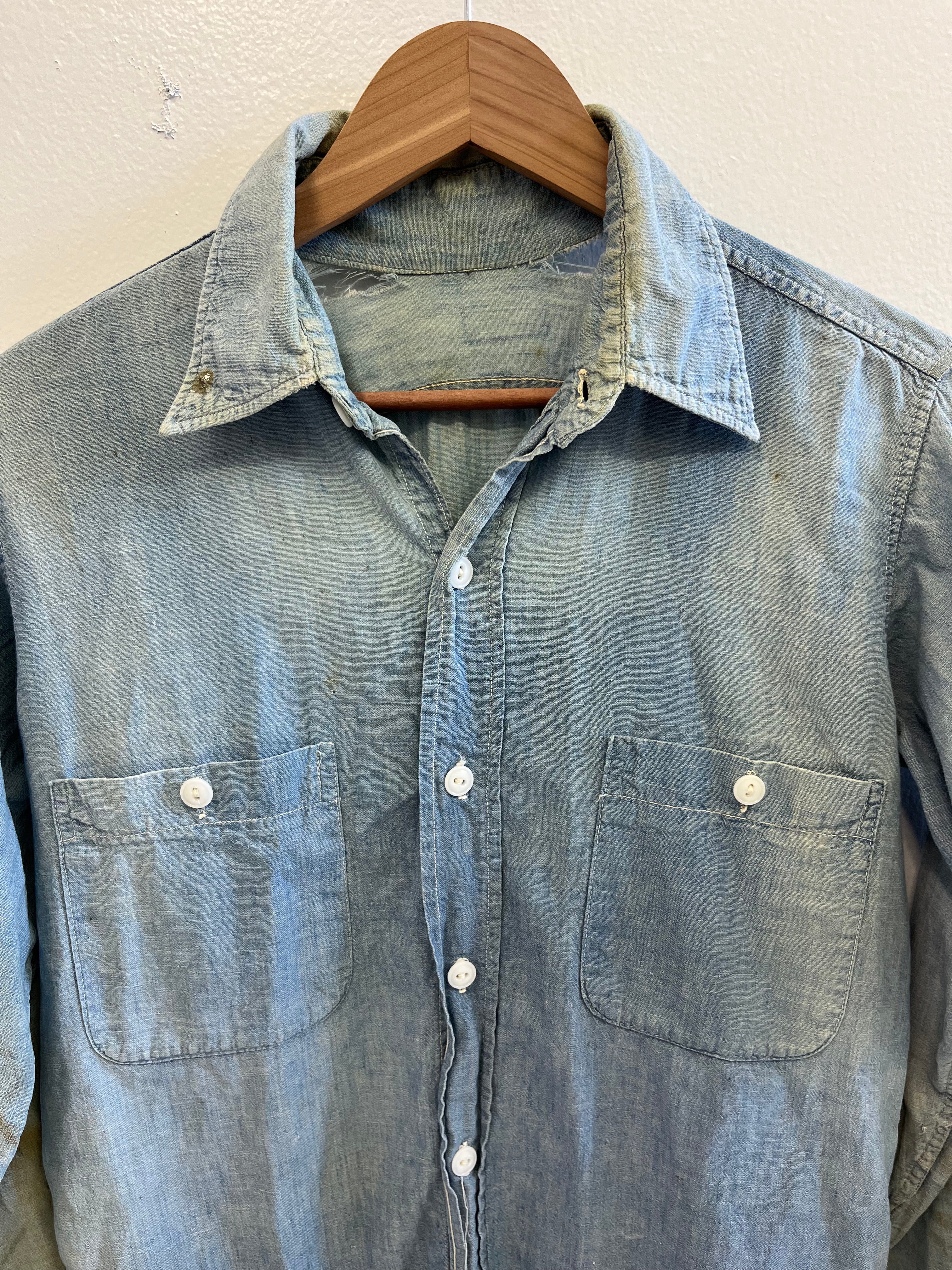 1950s Distressed Chambray Shirt with Overalls Fade - Light Blue - M