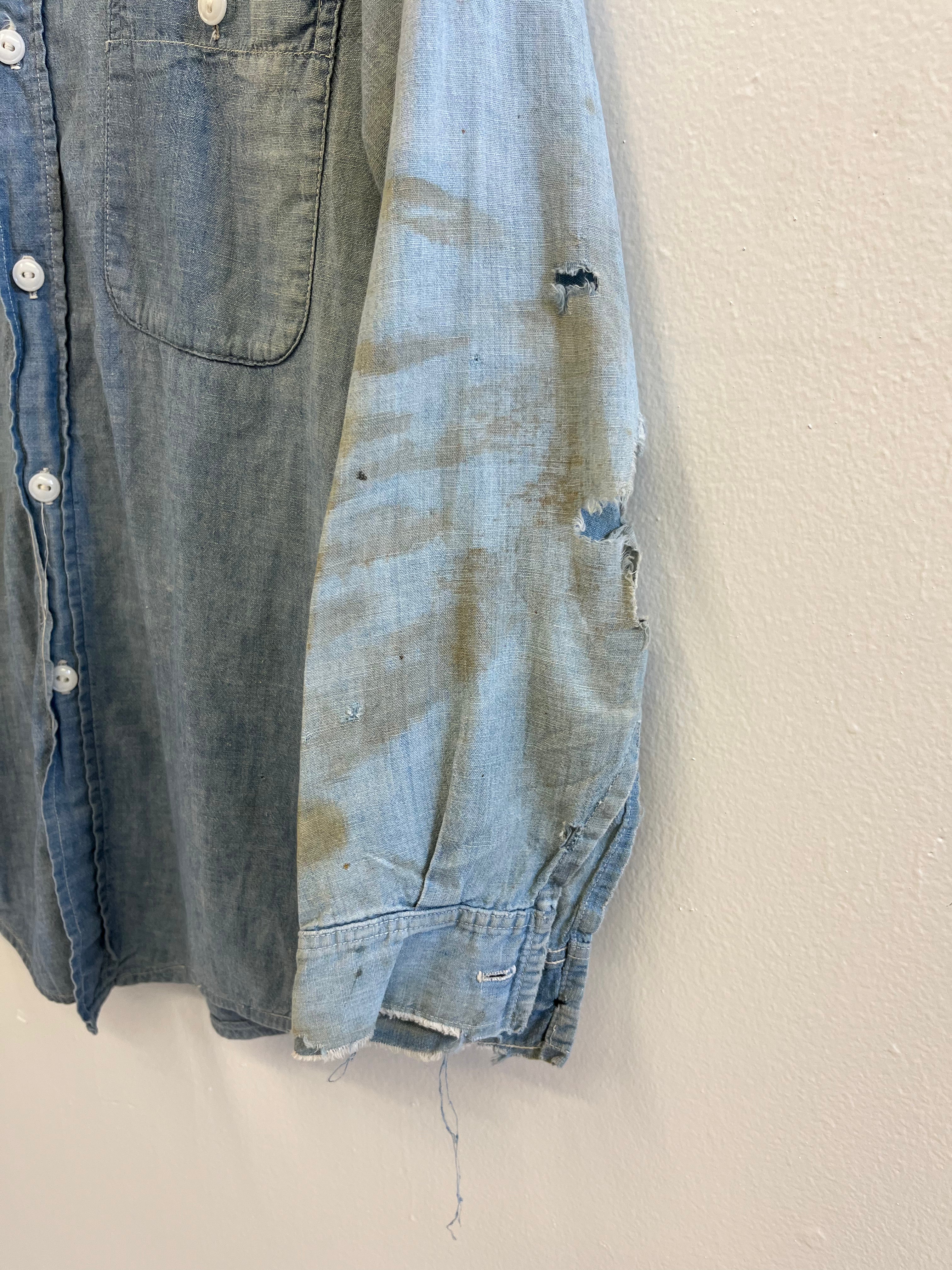 1950s Distressed Chambray Shirt with Overalls Fade - Light Blue - M