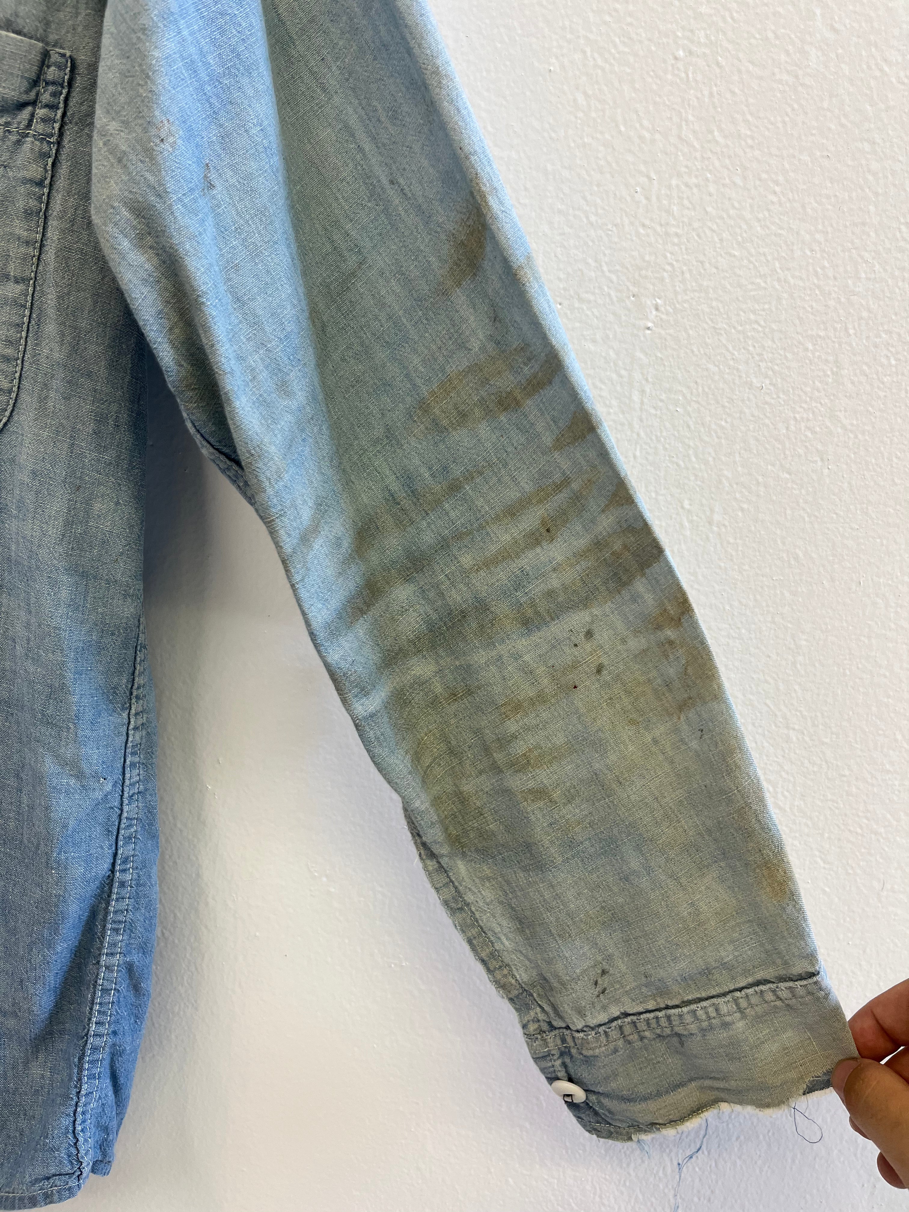 1950s Distressed Chambray Shirt with Overalls Fade - Light Blue - M