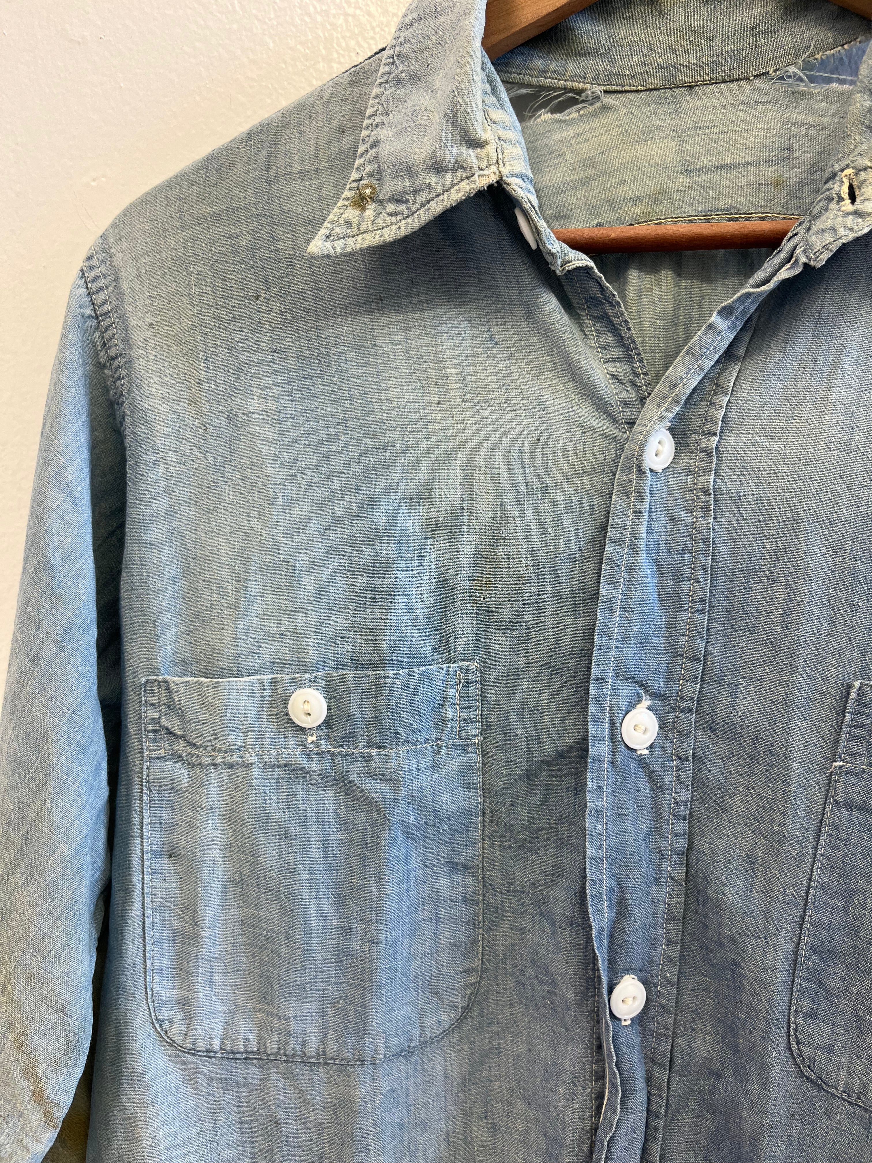 1950s Distressed Chambray Shirt with Overalls Fade - Light Blue - M