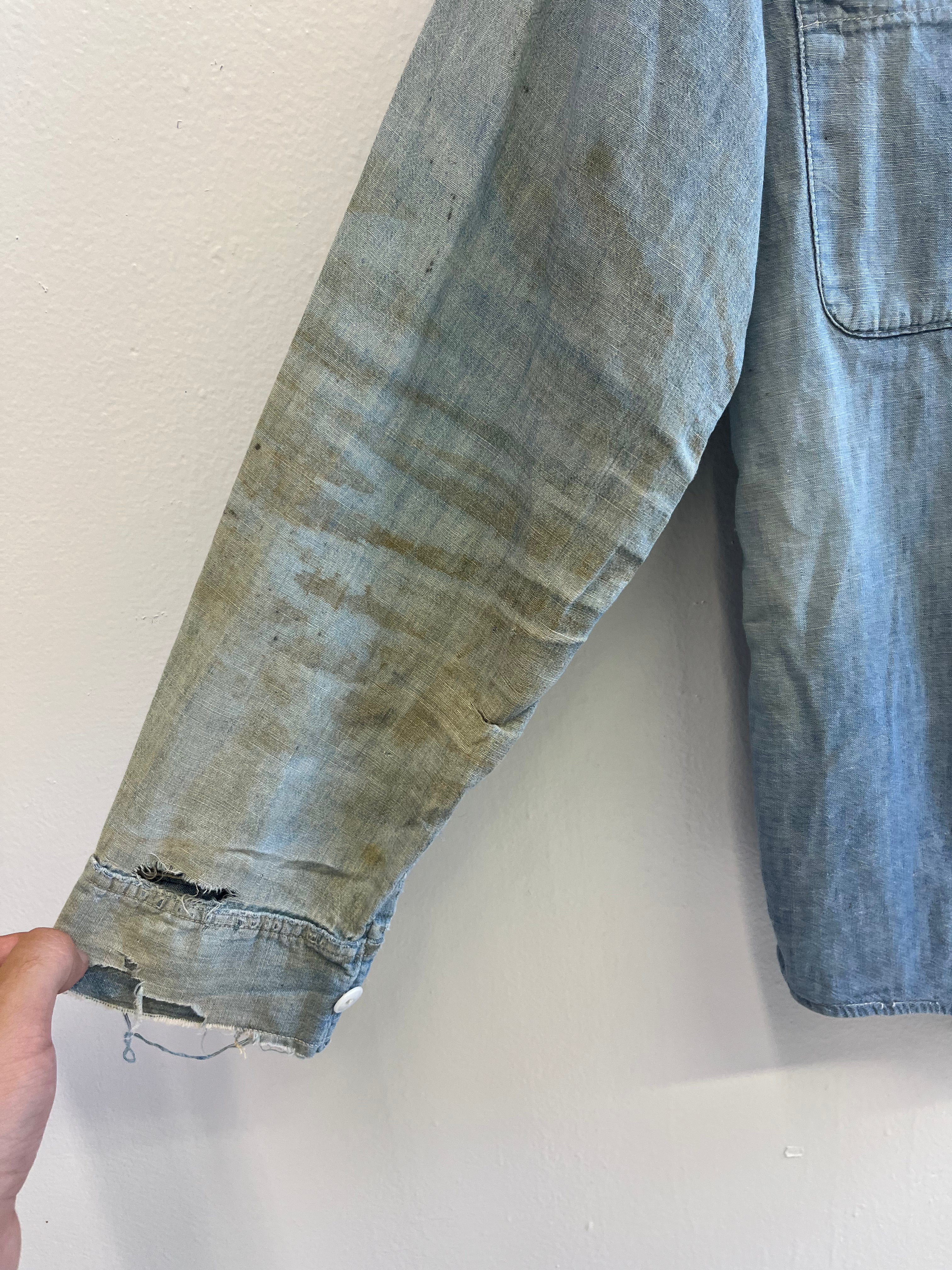 1950s Distressed Chambray Shirt with Overalls Fade - Light Blue - M