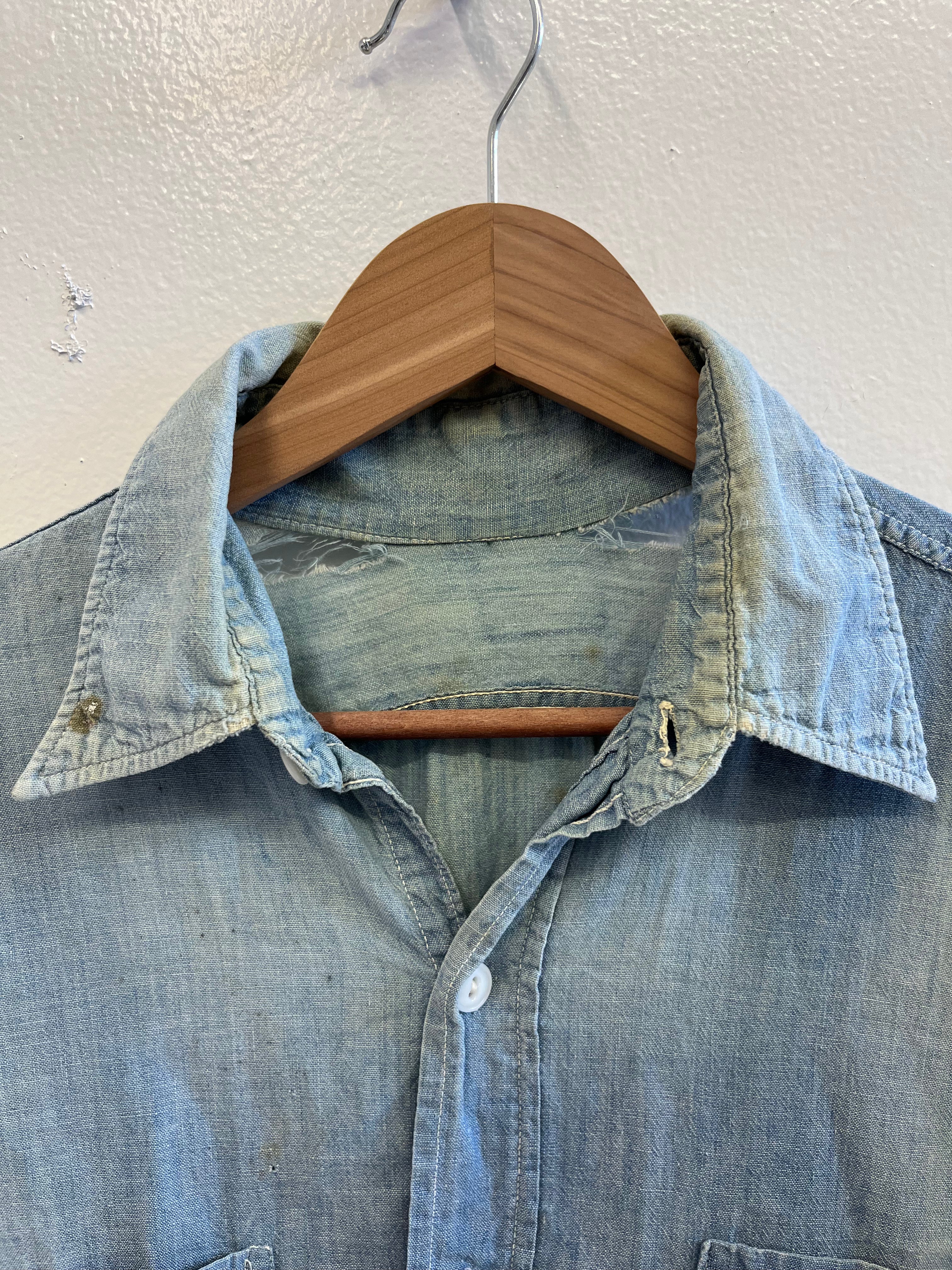 1950s Distressed Chambray Shirt with Overalls Fade - Light Blue - M