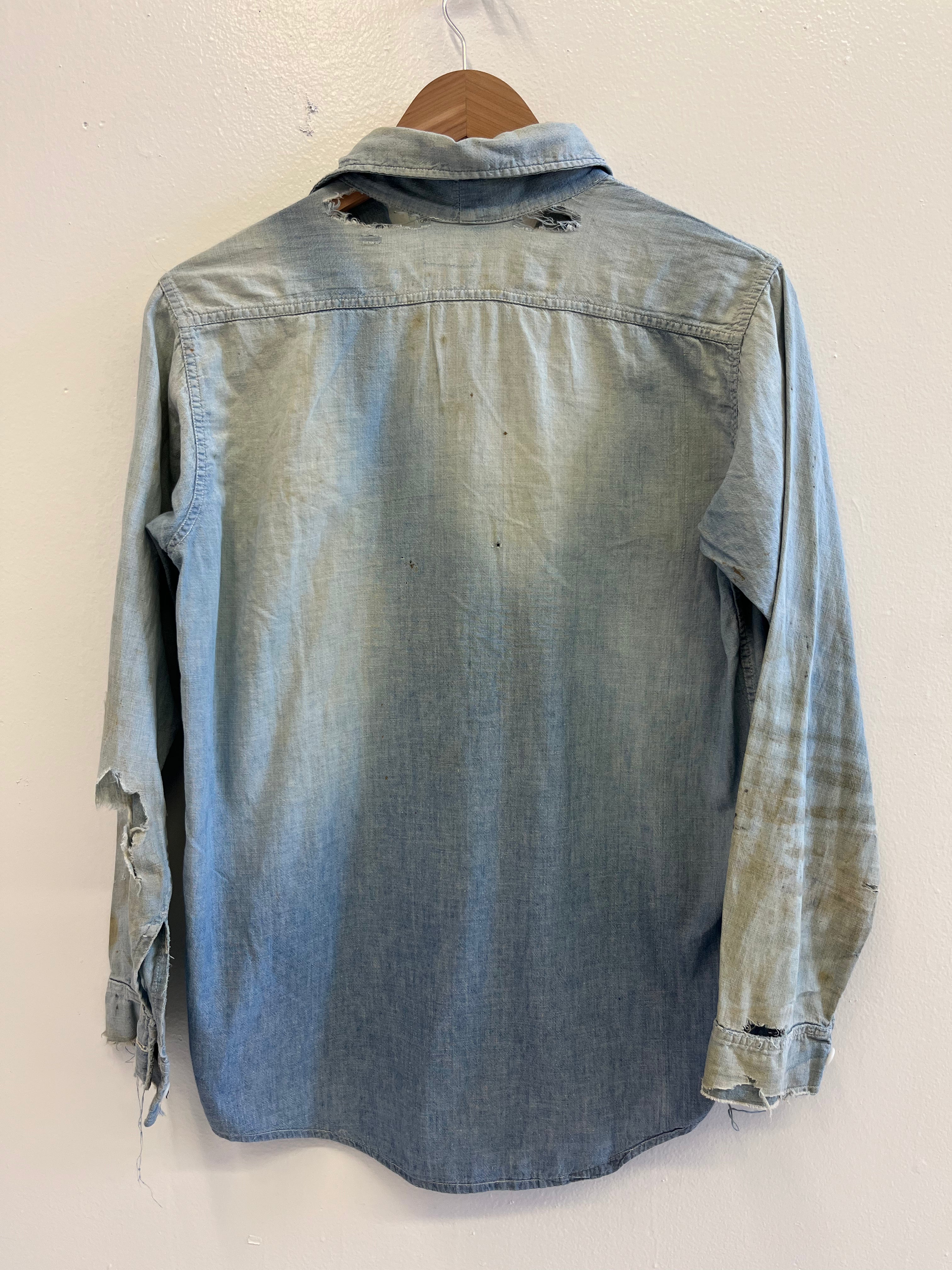 1950s Distressed Chambray Shirt with Overalls Fade - Light Blue - M