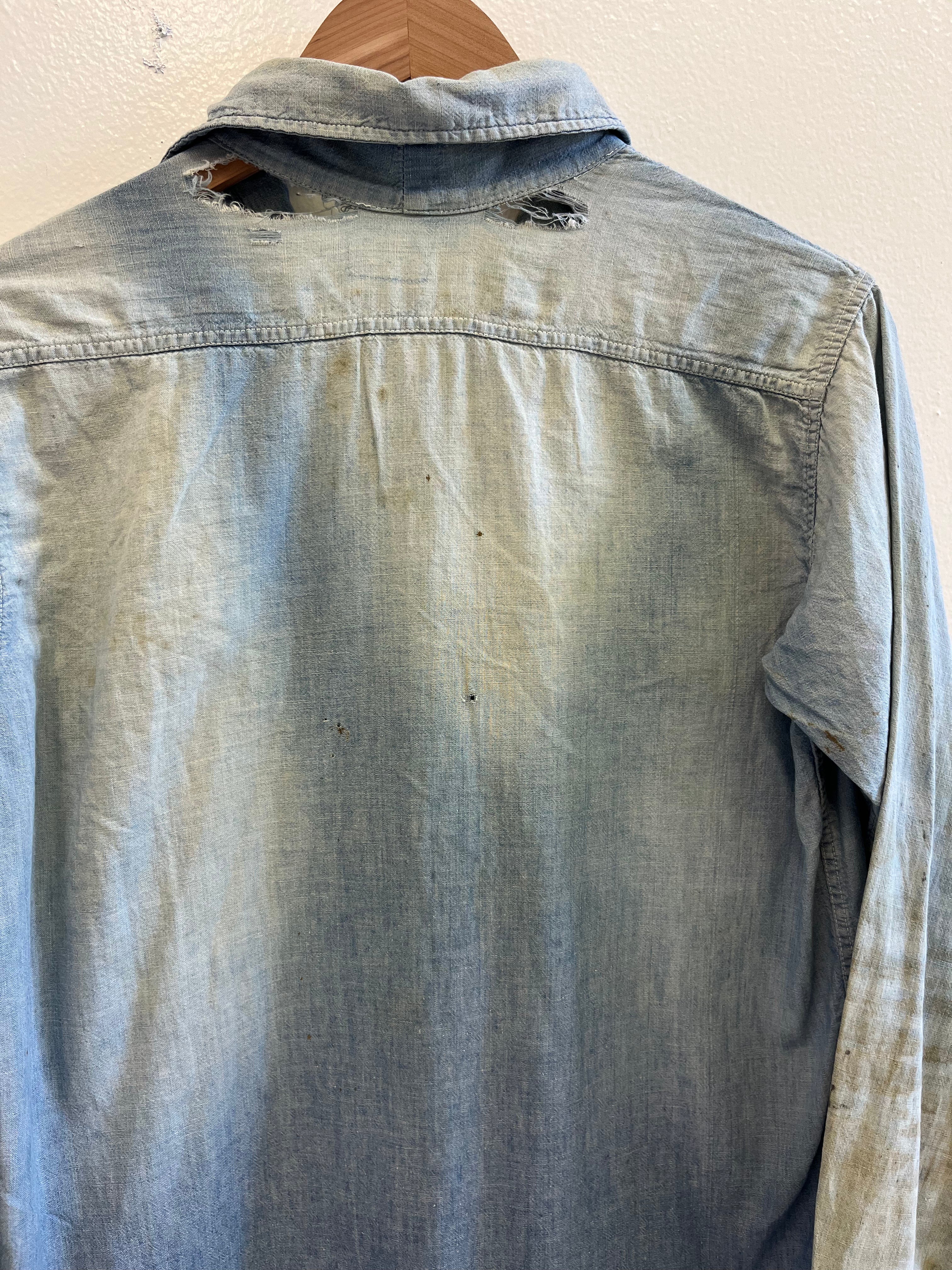 1950s Distressed Chambray Shirt with Overalls Fade - Light Blue - M