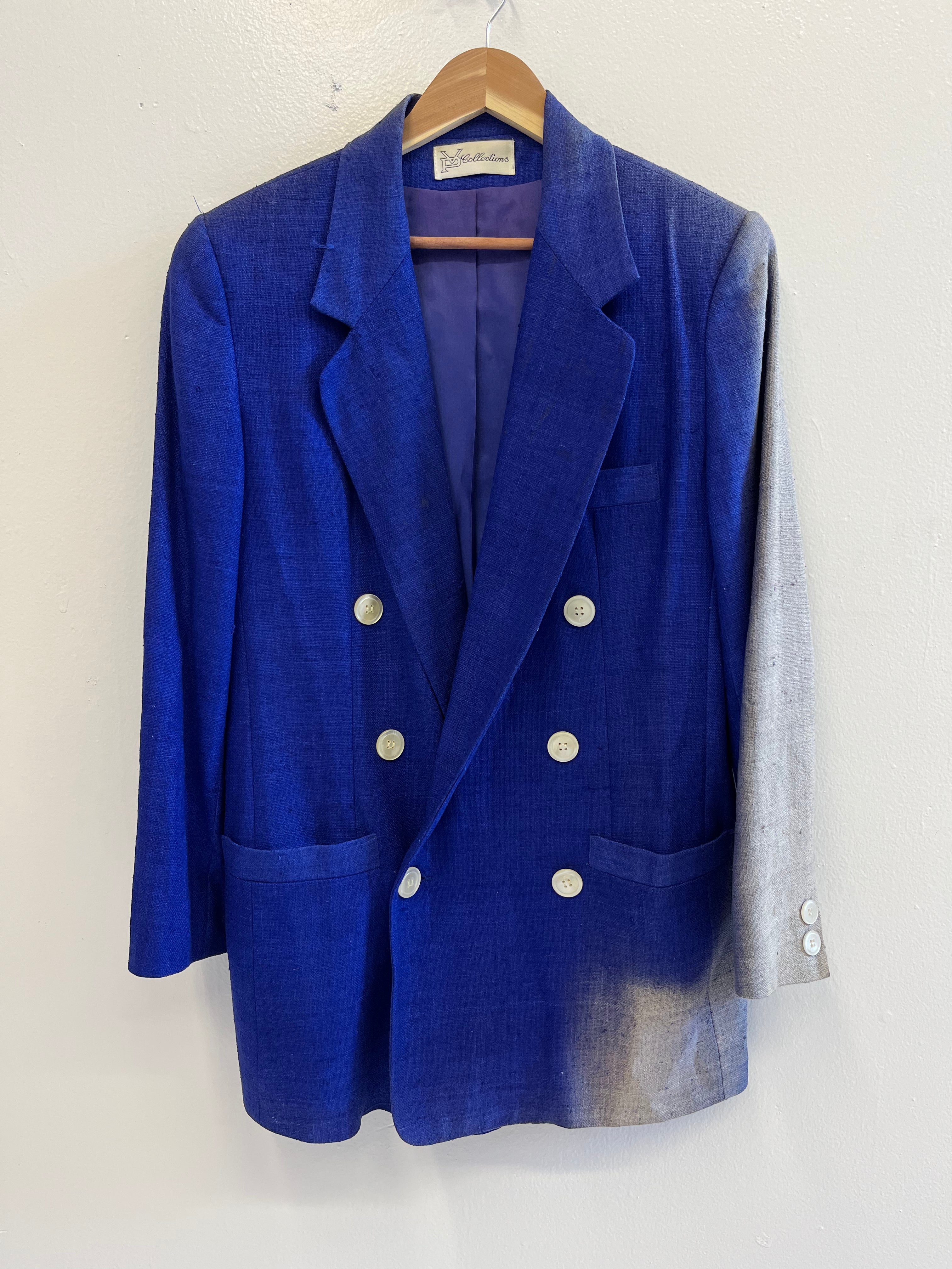 1970s Sun Faded Double-Breasted Women's Silk Blazer with Power Shoulders - Blue/Purple - 6/S/M