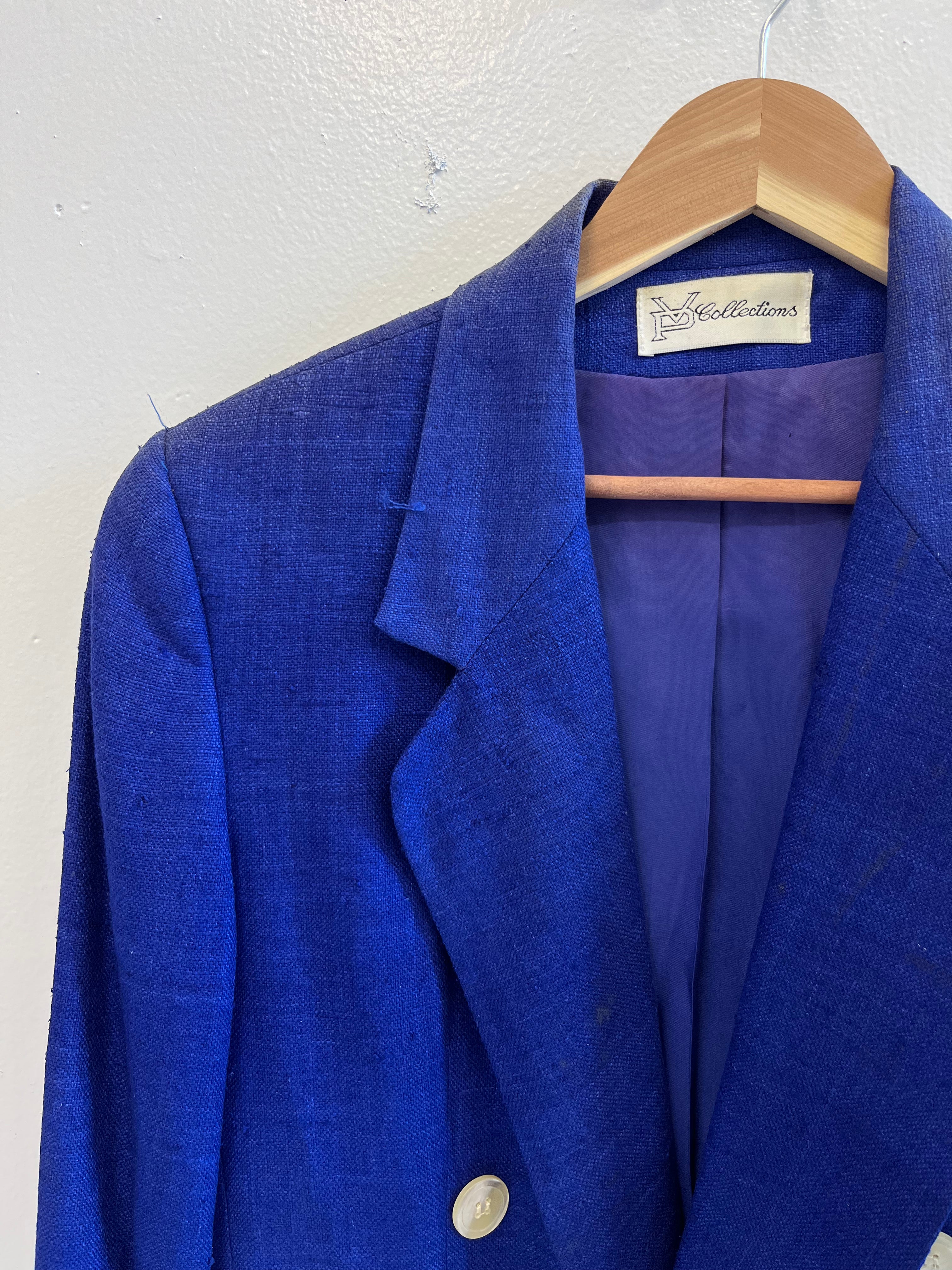 1970s Sun Faded Double-Breasted Women's Silk Blazer with Power Shoulders - Blue/Purple - 6/S/M