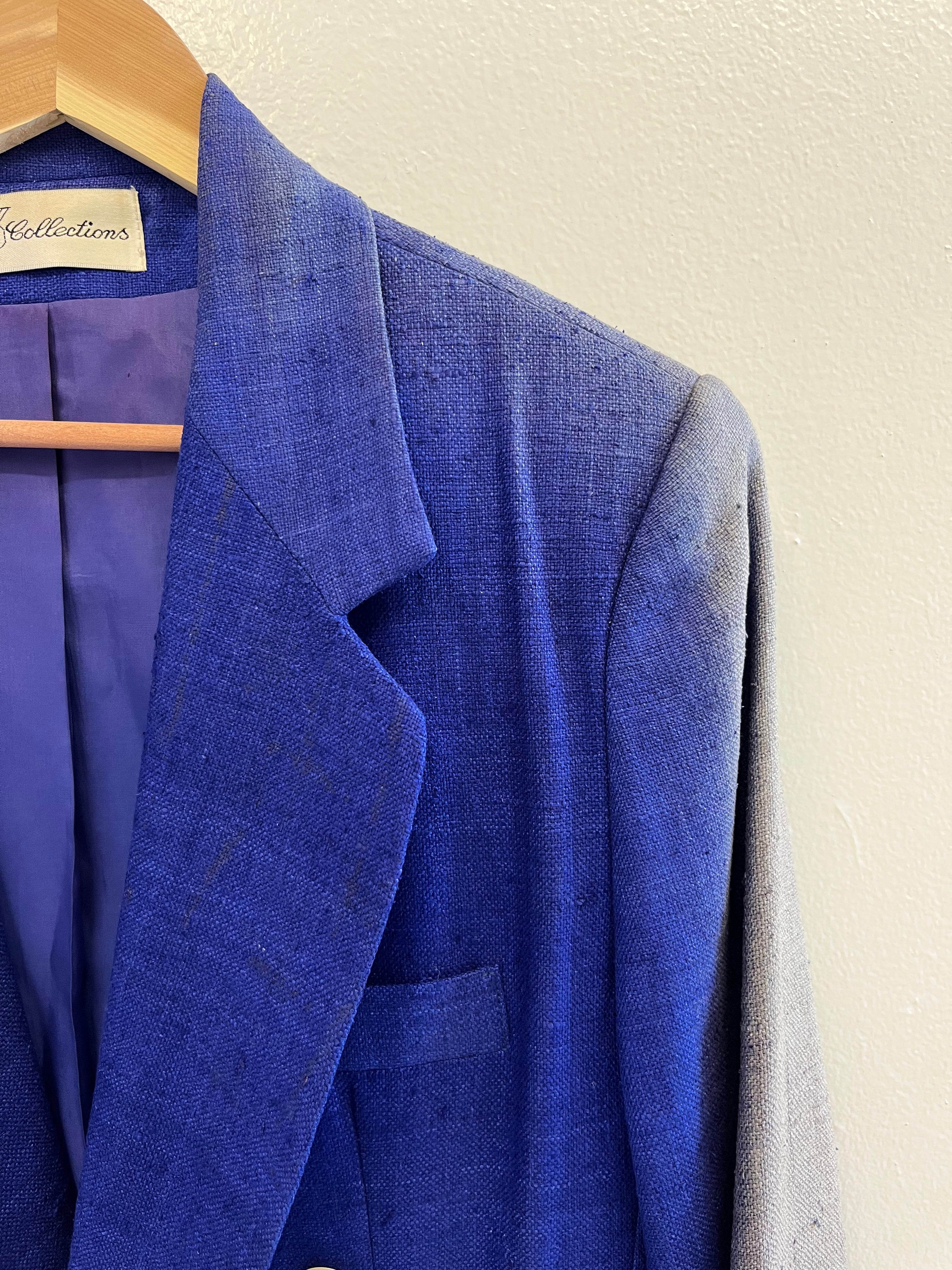 1970s Sun Faded Double-Breasted Women's Silk Blazer with Power Shoulders - Blue/Purple - 6/S/M