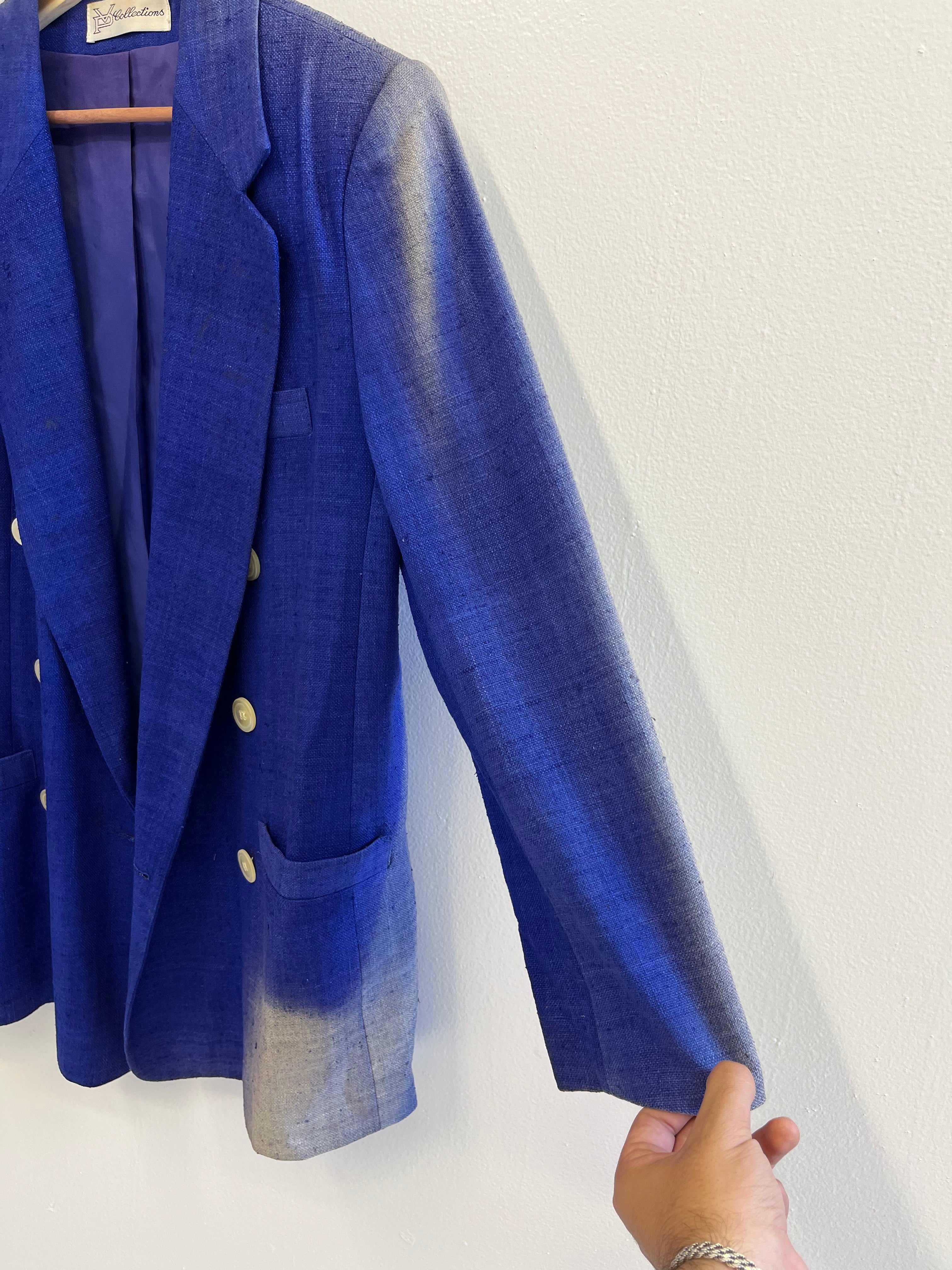 1970s Sun Faded Double-Breasted Women's Silk Blazer with Power Shoulders - Blue/Purple - 6/S/M