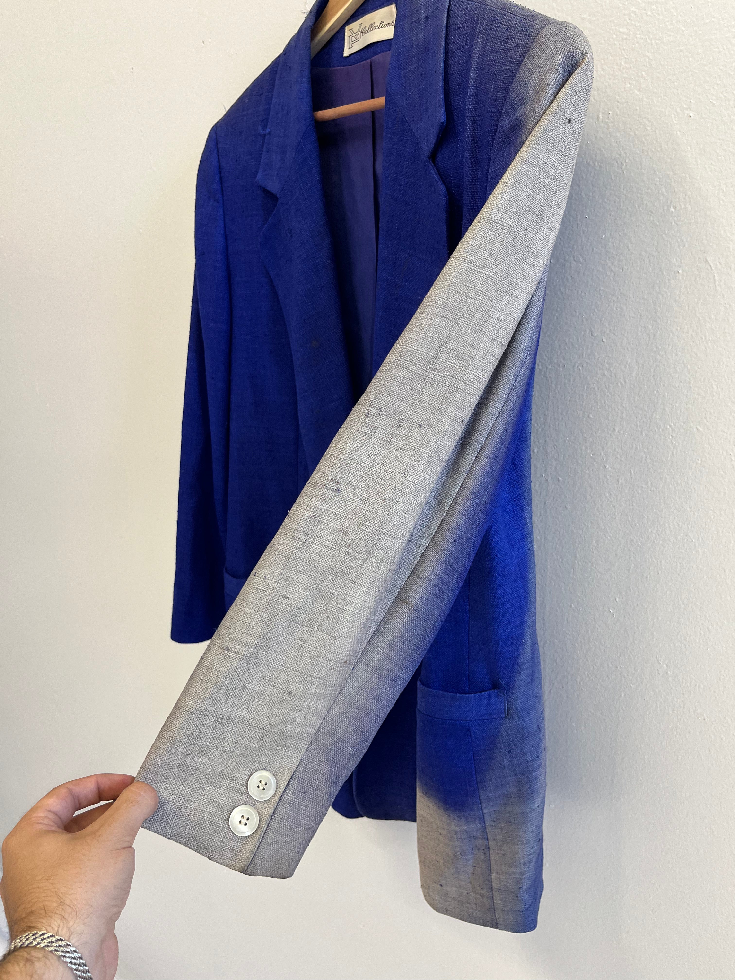 1970s Sun Faded Double-Breasted Women's Silk Blazer with Power Shoulders - Blue/Purple - 6/S/M