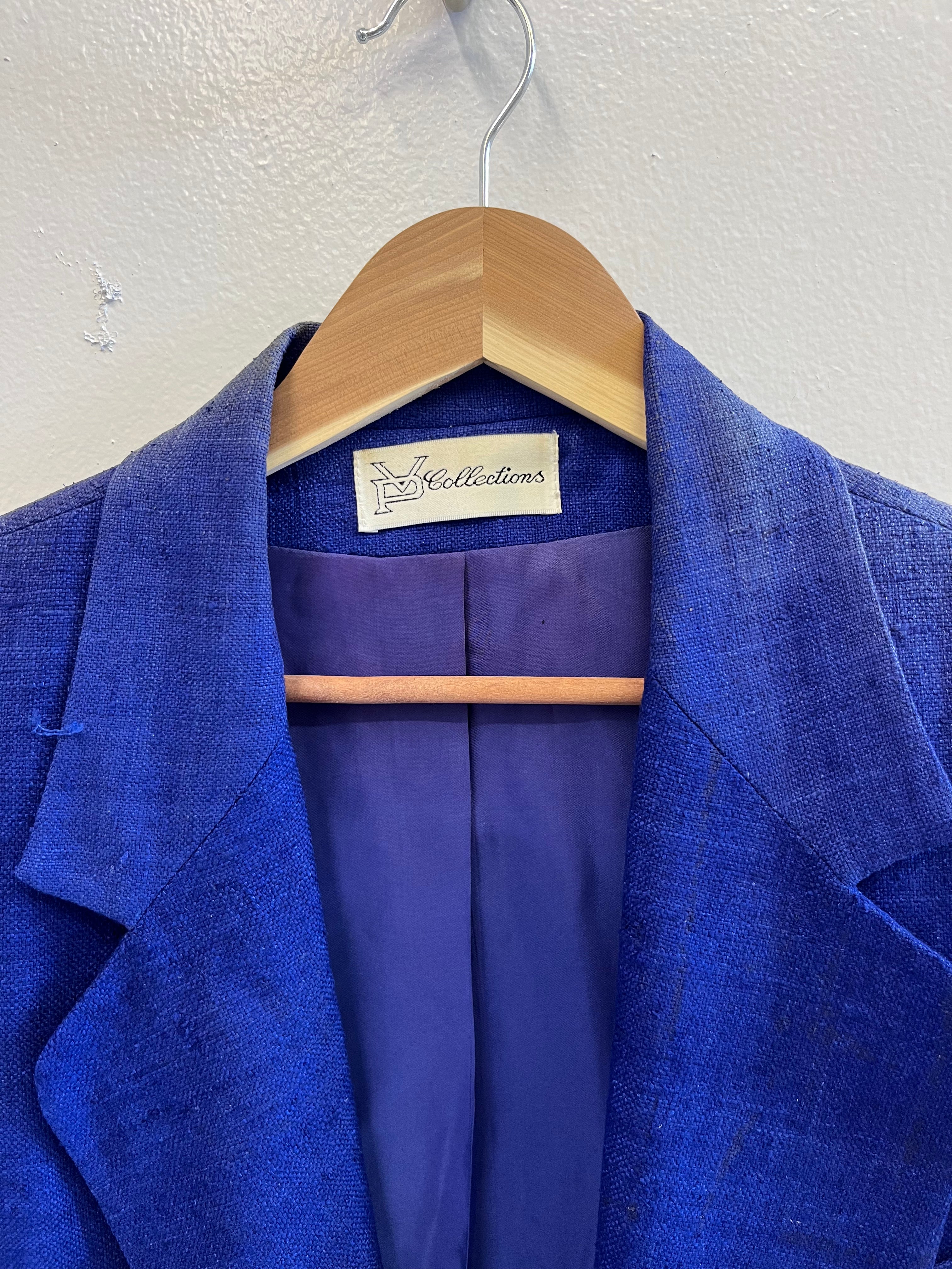 1970s Sun Faded Double-Breasted Women's Silk Blazer with Power Shoulders - Blue/Purple - 6/S/M