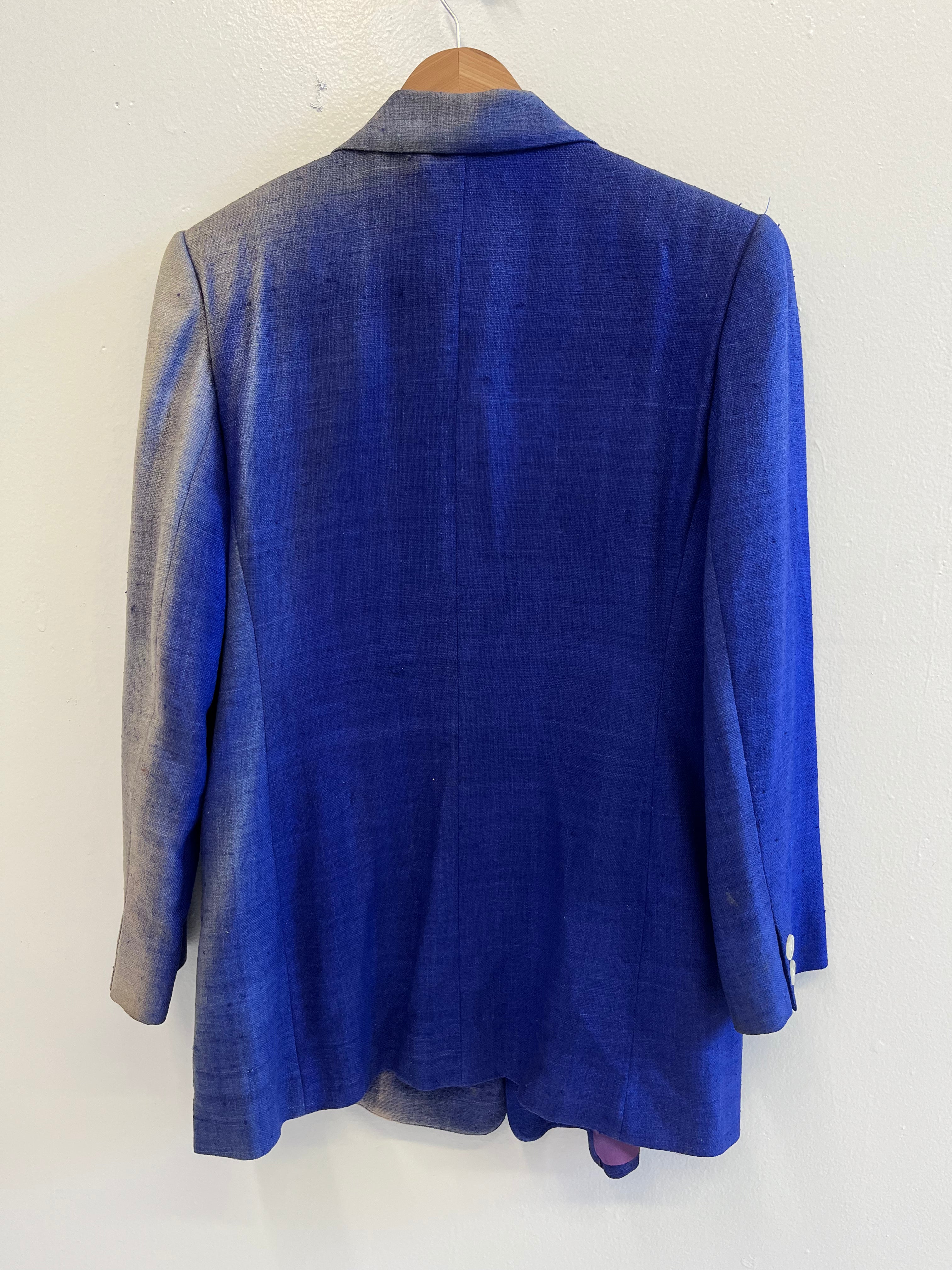 1970s Sun Faded Double-Breasted Women's Silk Blazer with Power Shoulders - Blue/Purple - 6/S/M