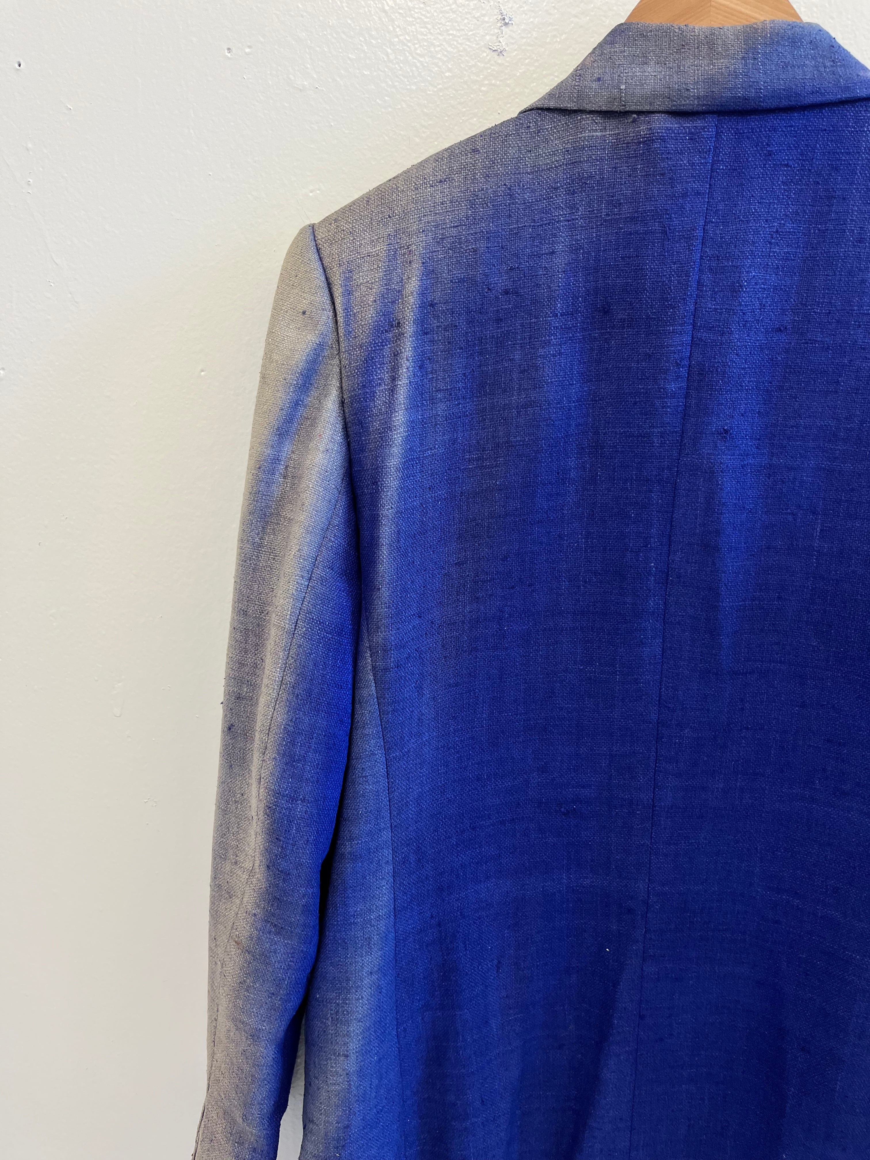 1970s Sun Faded Double-Breasted Women's Silk Blazer with Power Shoulders - Blue/Purple - 6/S/M