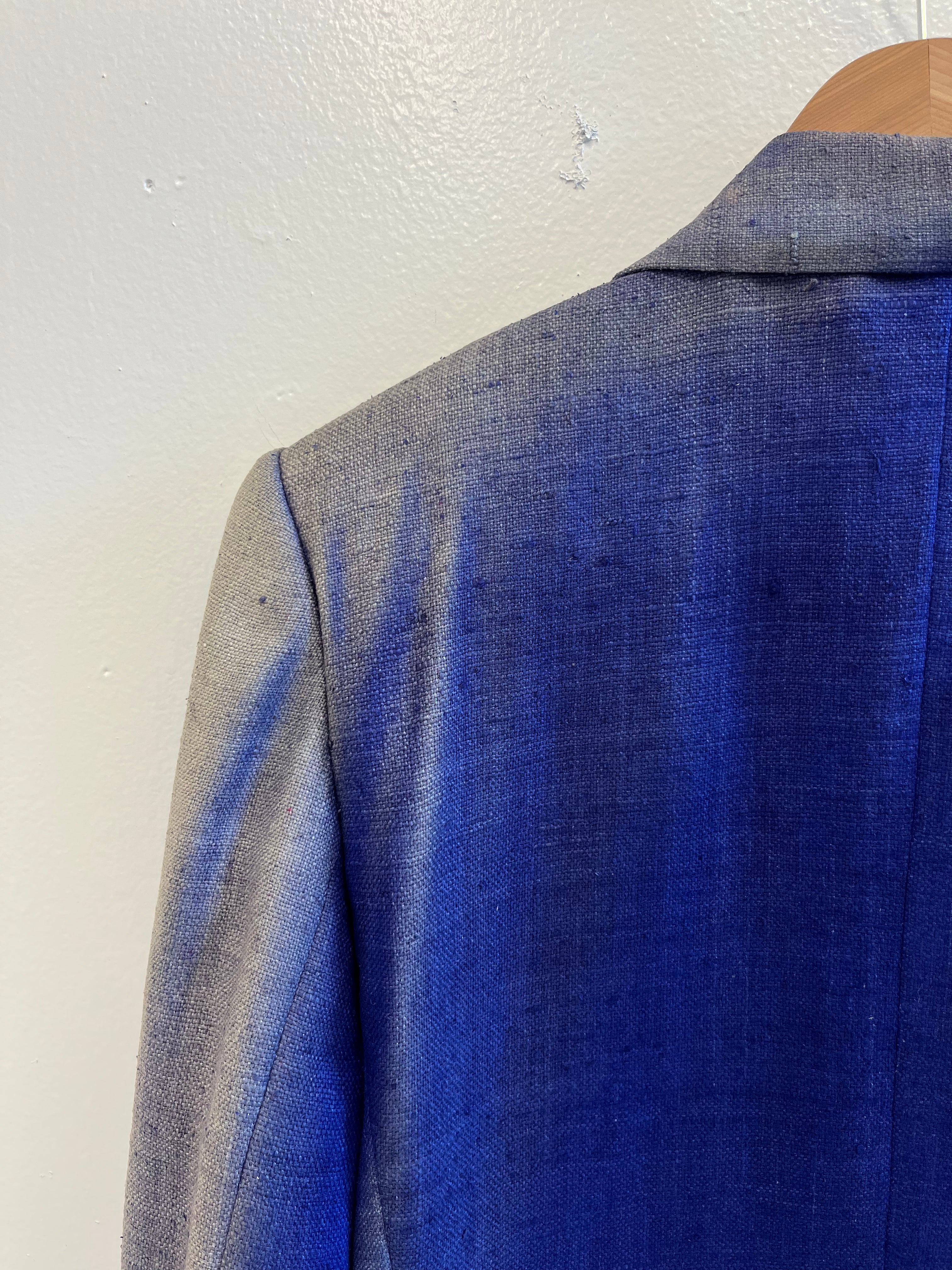 1970s Sun Faded Double-Breasted Women's Silk Blazer with Power Shoulders - Blue/Purple - 6/S/M