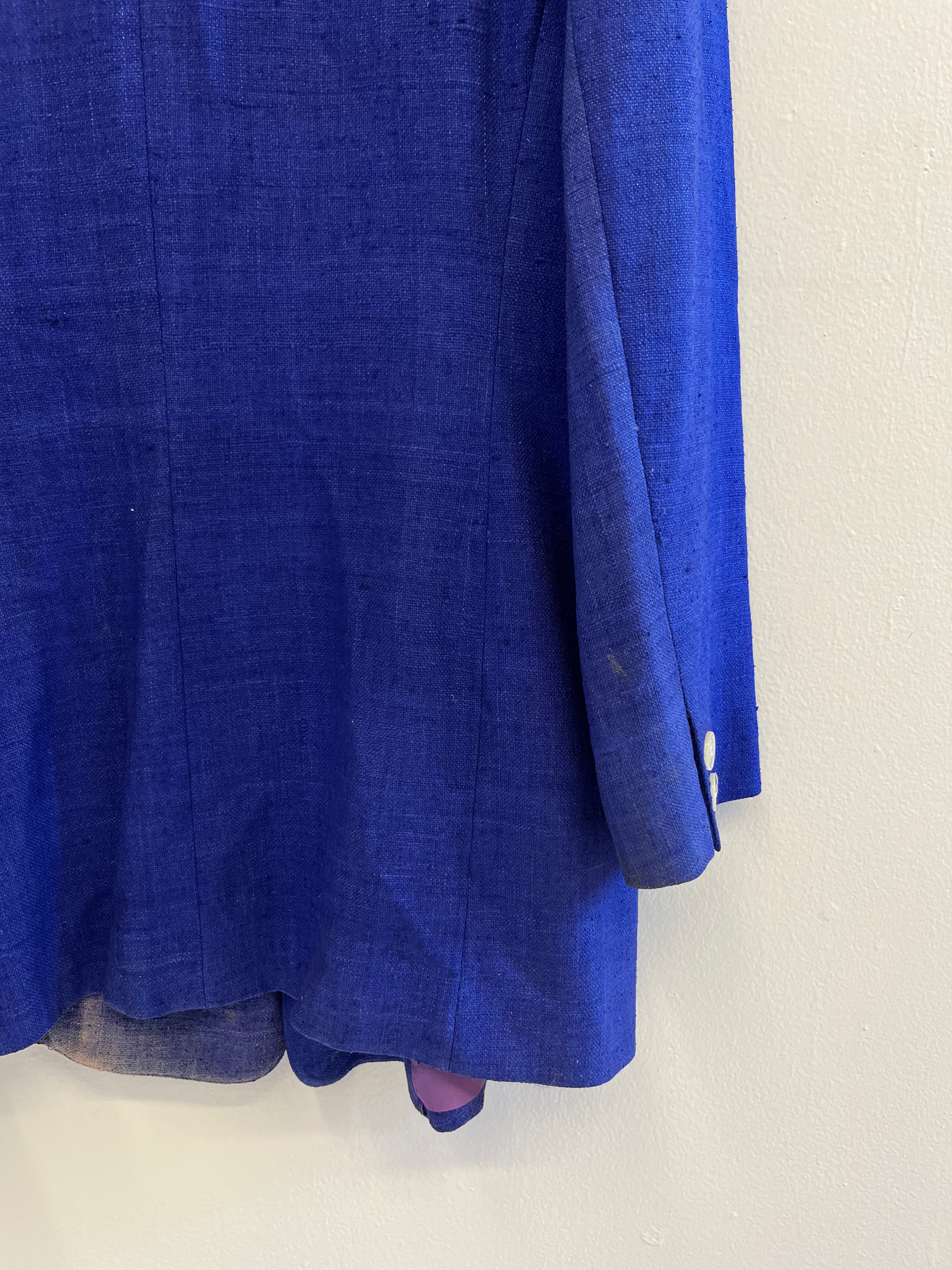 1970s Sun Faded Double-Breasted Women's Silk Blazer with Power Shoulders - Blue/Purple - 6/S/M