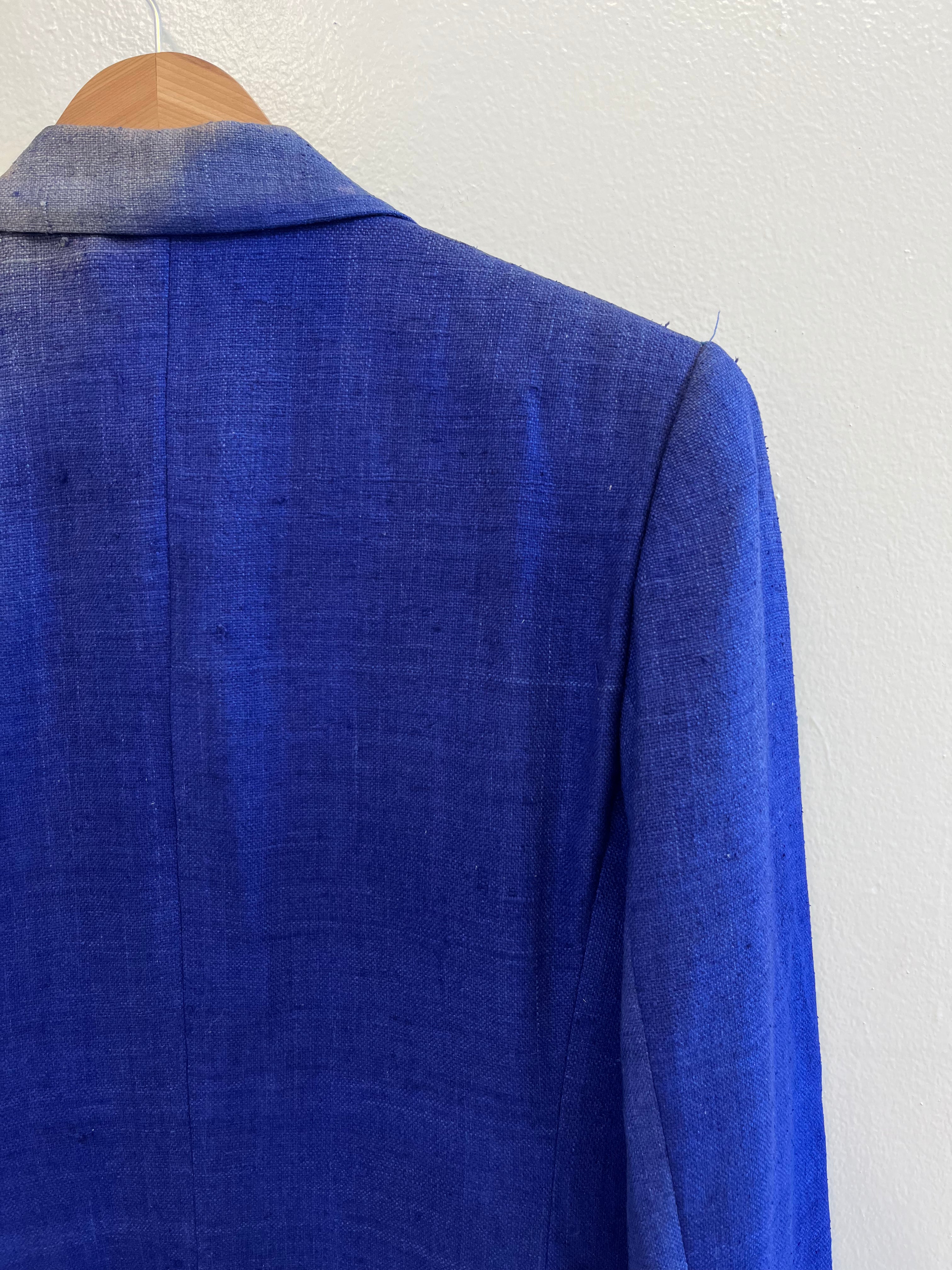 1970s Sun Faded Double-Breasted Women's Silk Blazer with Power Shoulders - Blue/Purple - 6/S/M