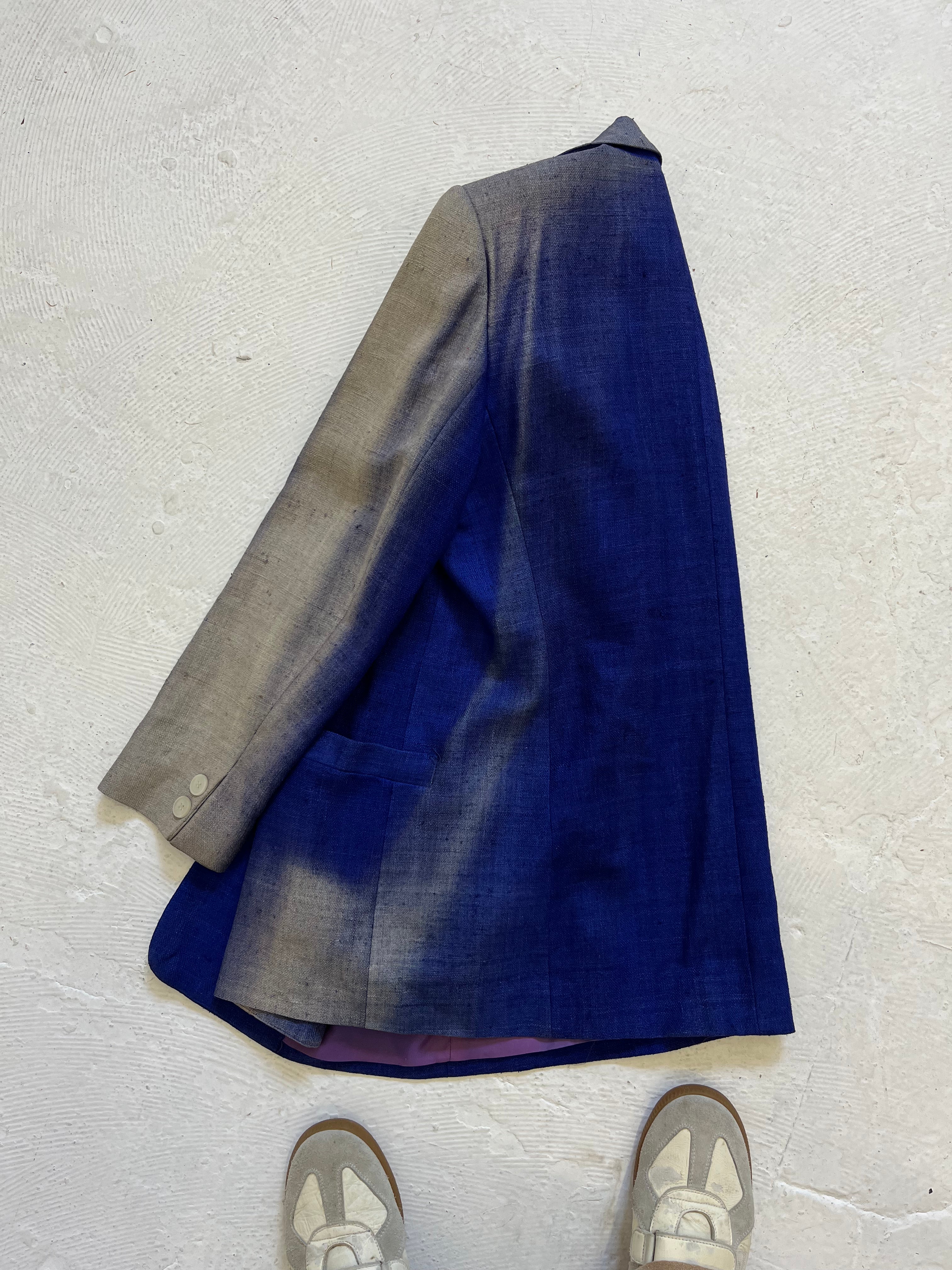 1970s Sun Faded Double-Breasted Women's Silk Blazer with Power Shoulders - Blue/Purple - 6/S/M