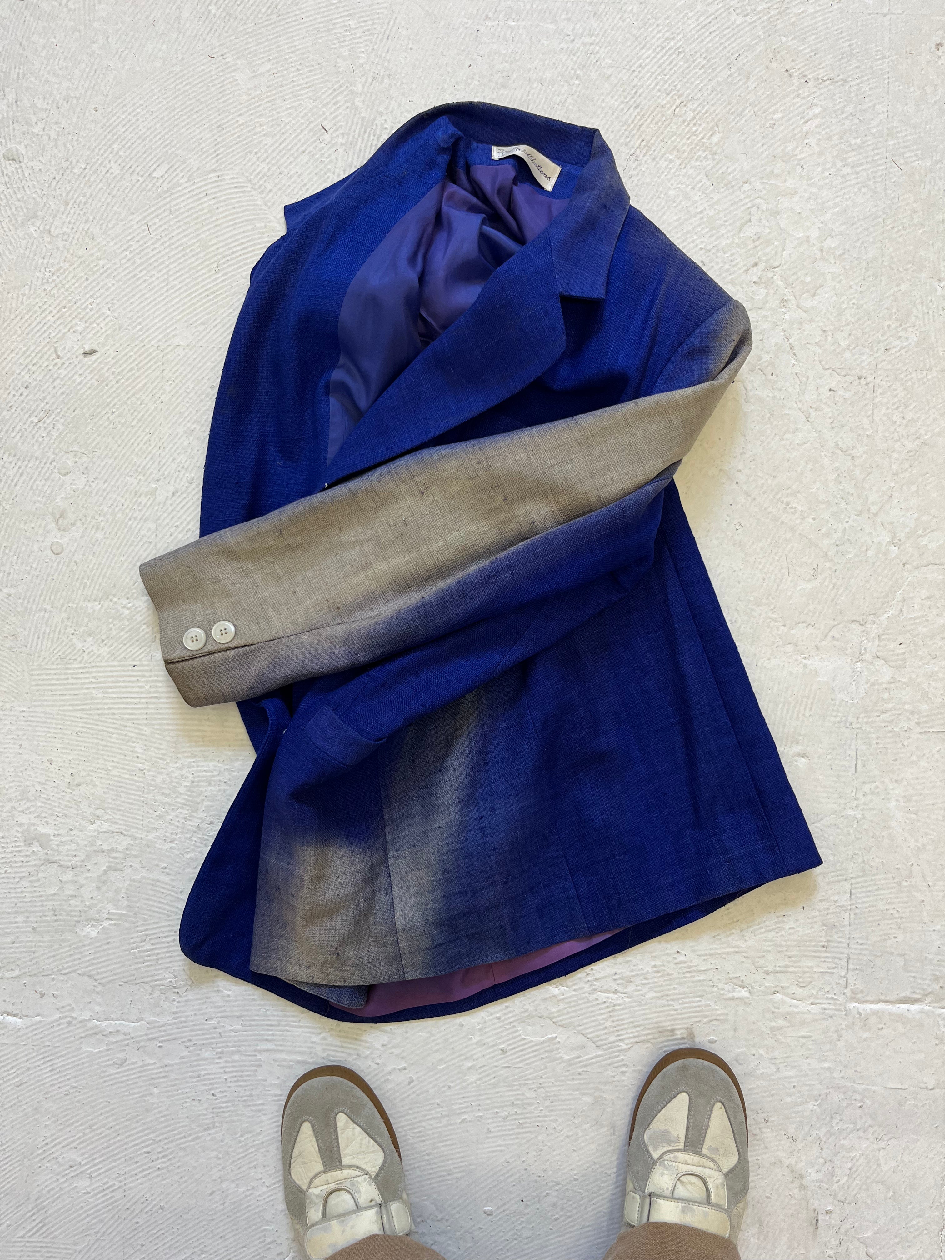 1970s Sun Faded Double-Breasted Women's Silk Blazer with Power Shoulders - Blue/Purple - 6/S/M