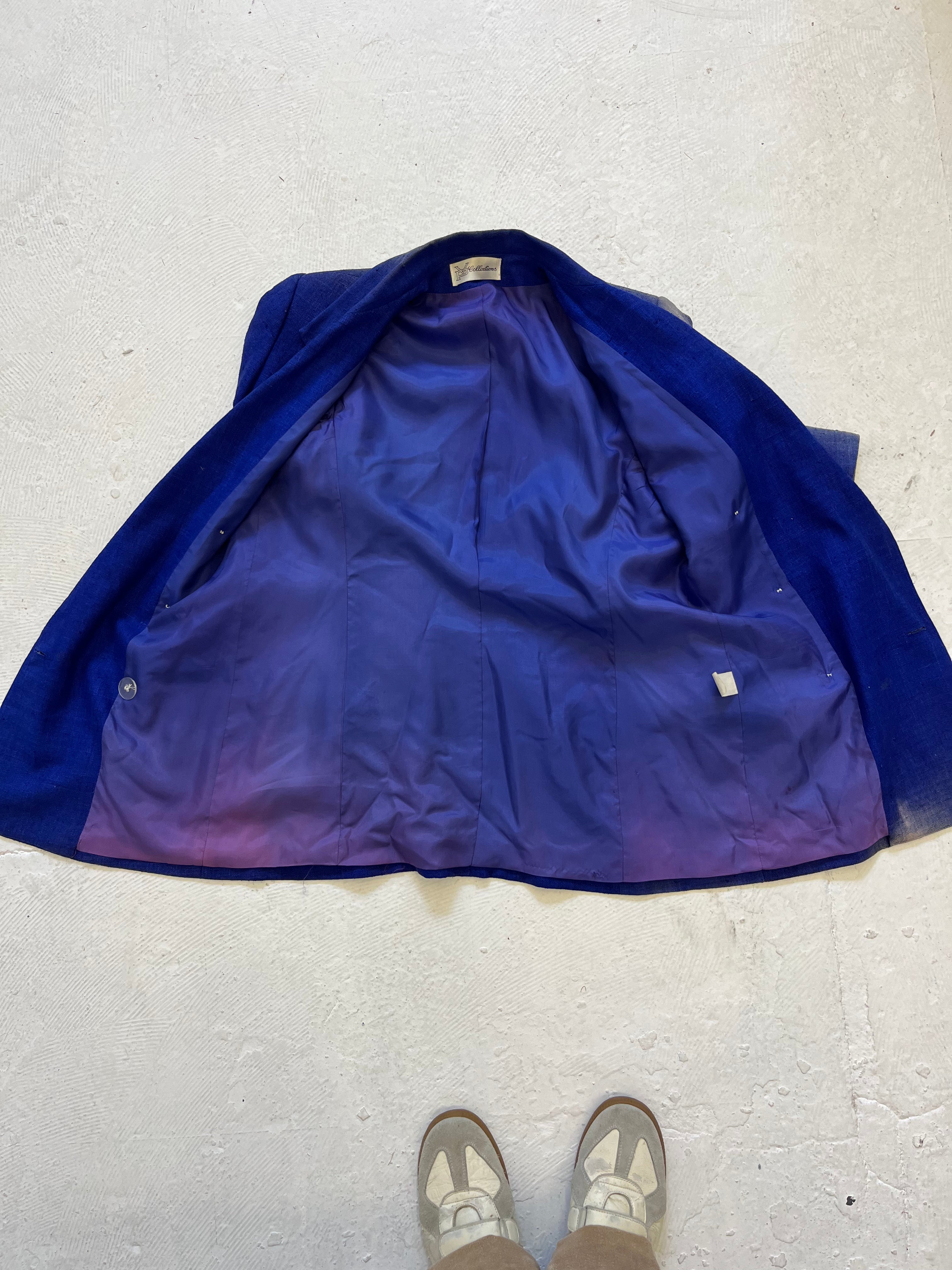 1970s Sun Faded Double-Breasted Women's Silk Blazer with Power Shoulders - Blue/Purple - 6/S/M