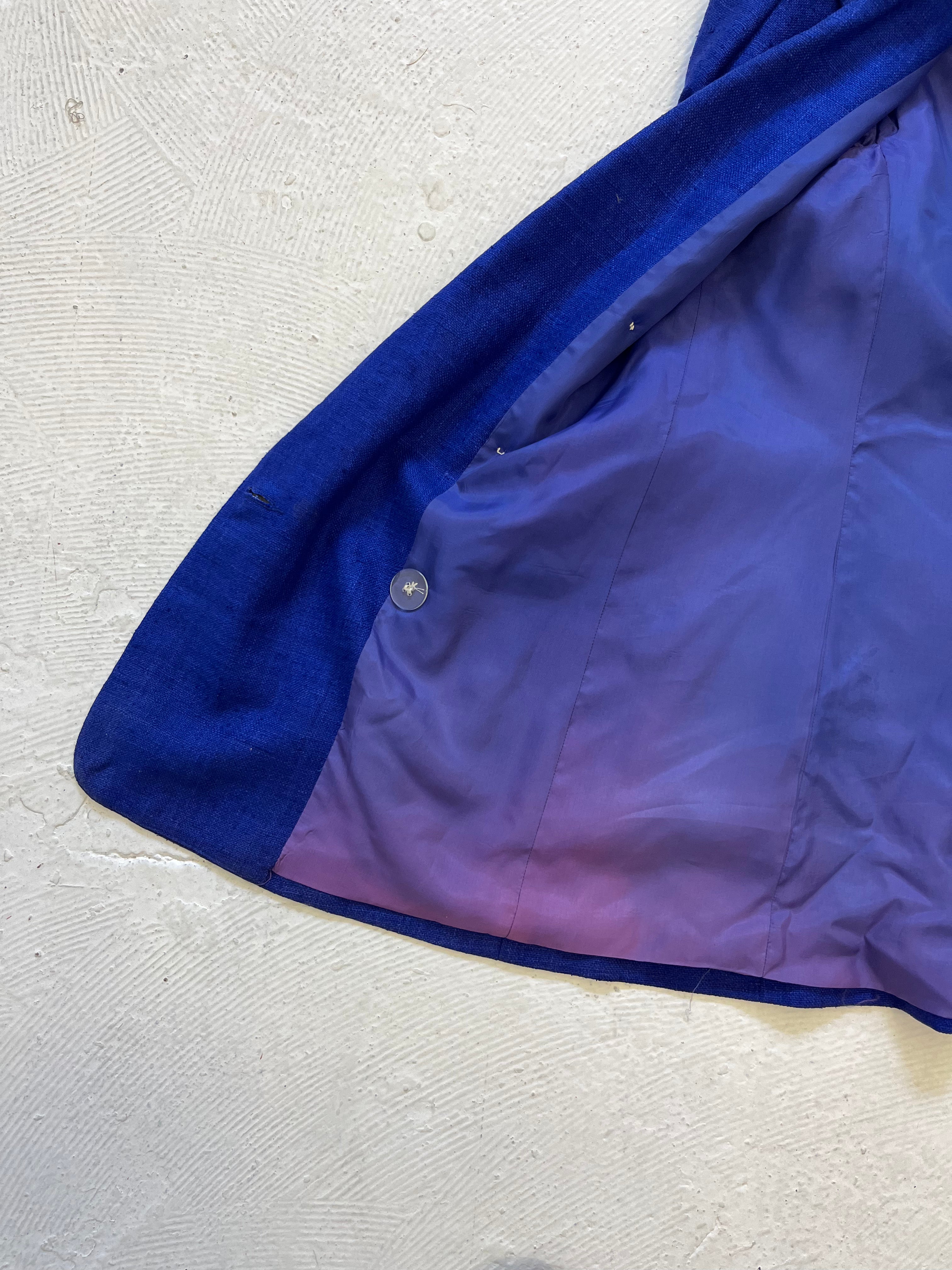 1970s Sun Faded Double-Breasted Women's Silk Blazer with Power Shoulders - Blue/Purple - 6/S/M