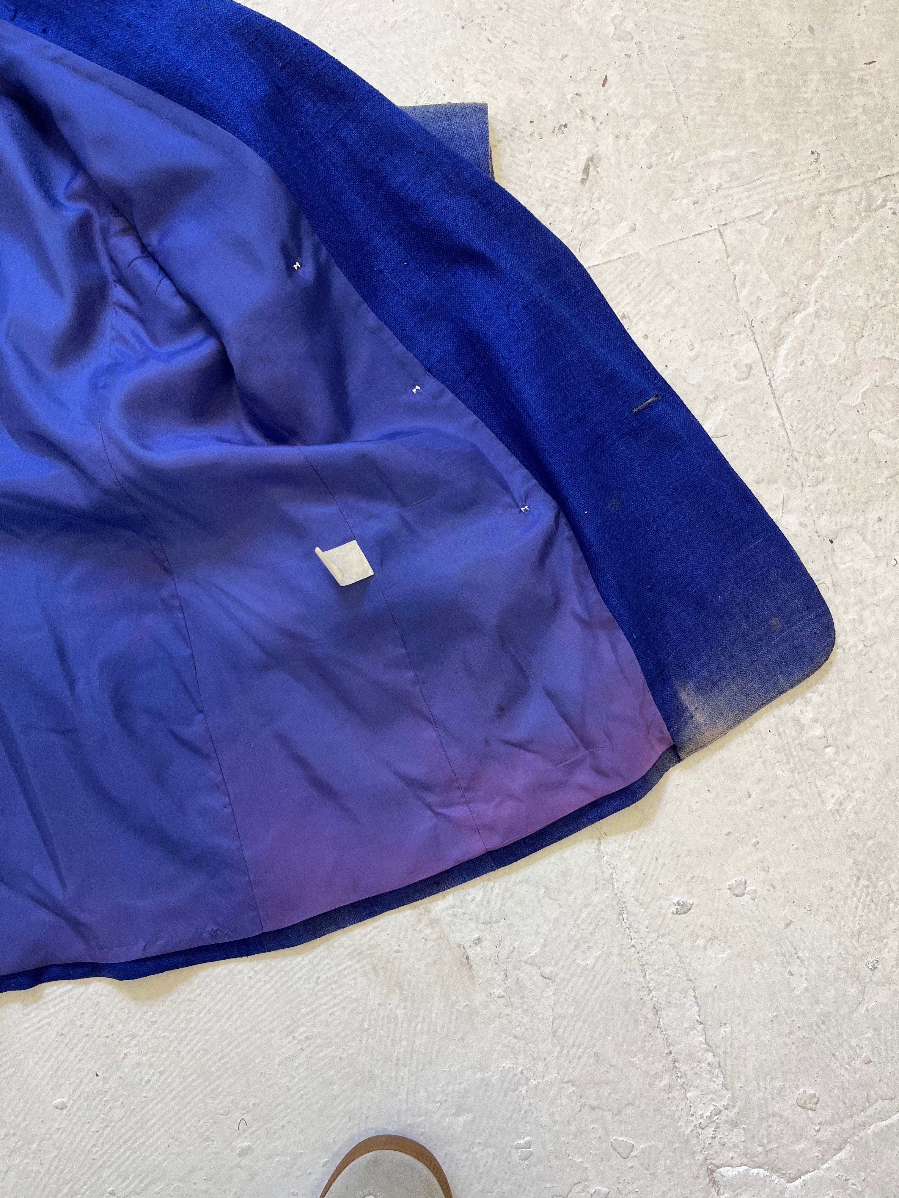1970s Sun Faded Double-Breasted Women's Silk Blazer with Power Shoulders - Blue/Purple - 6/S/M