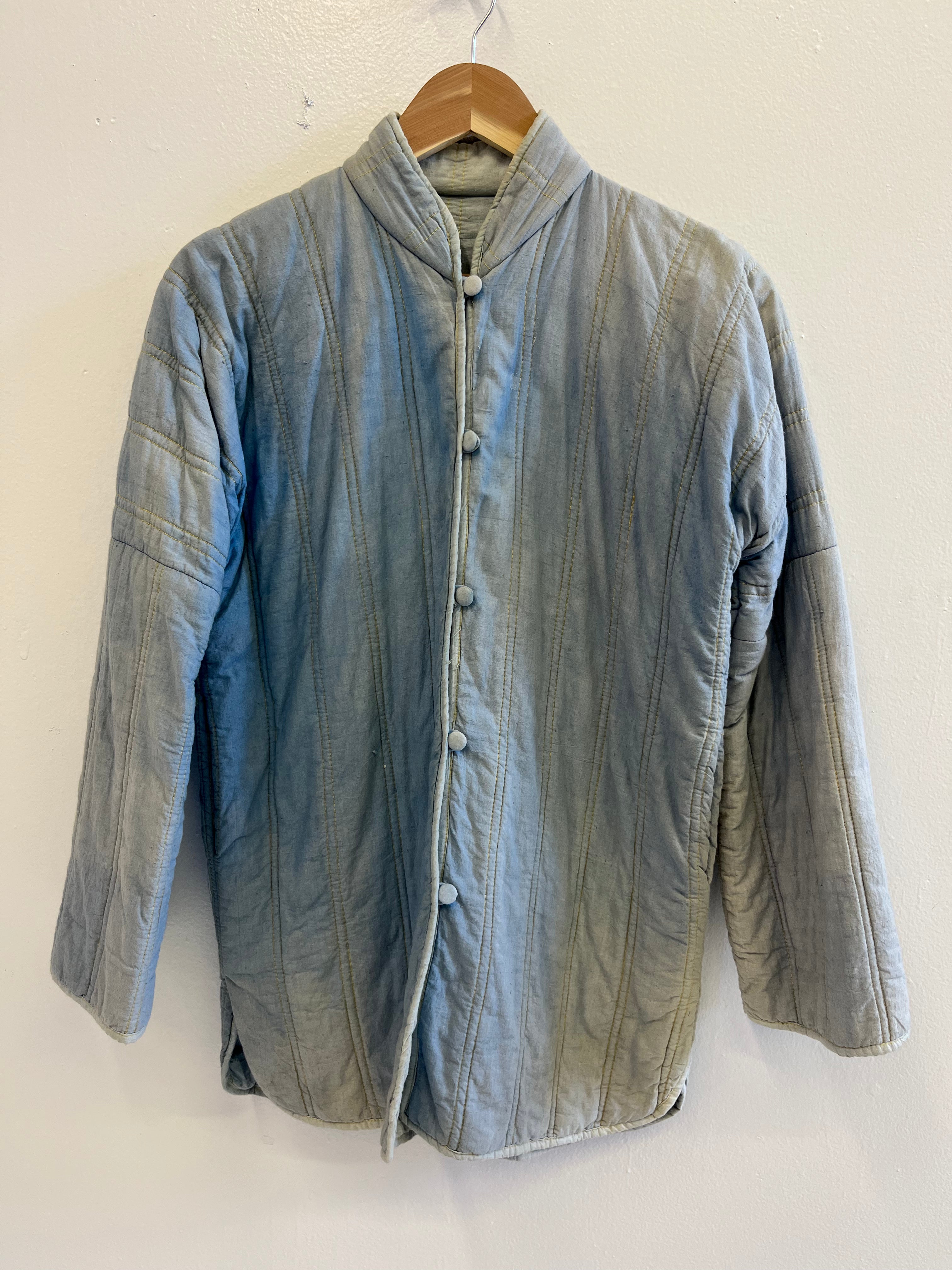 1930s French Theater-Found Faded Indigo Quilted Linen Jacket - Faded Cornflower Blue - M/L