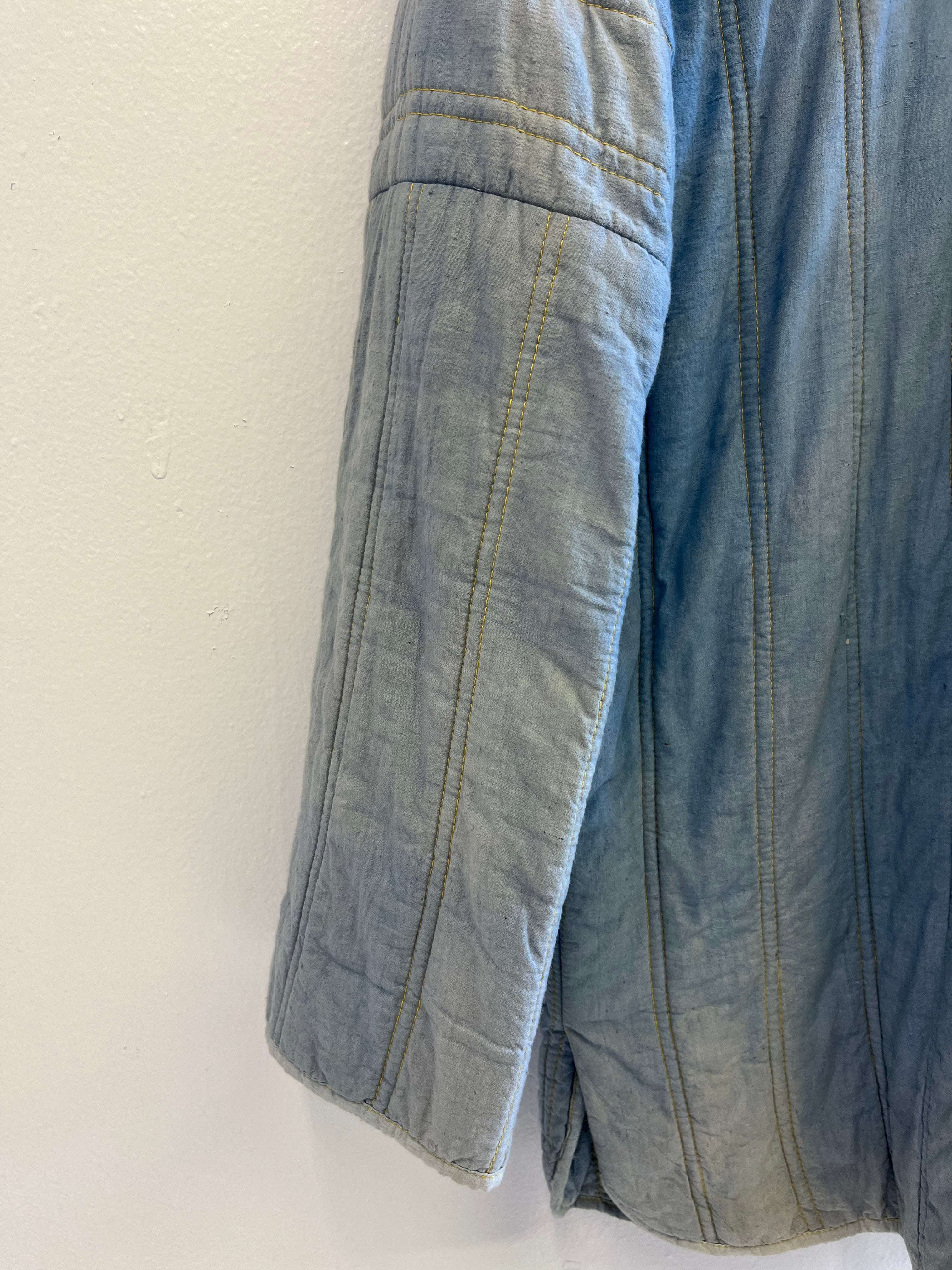 1930s French Theater-Found Faded Indigo Quilted Linen Jacket - Faded Cornflower Blue - M/L