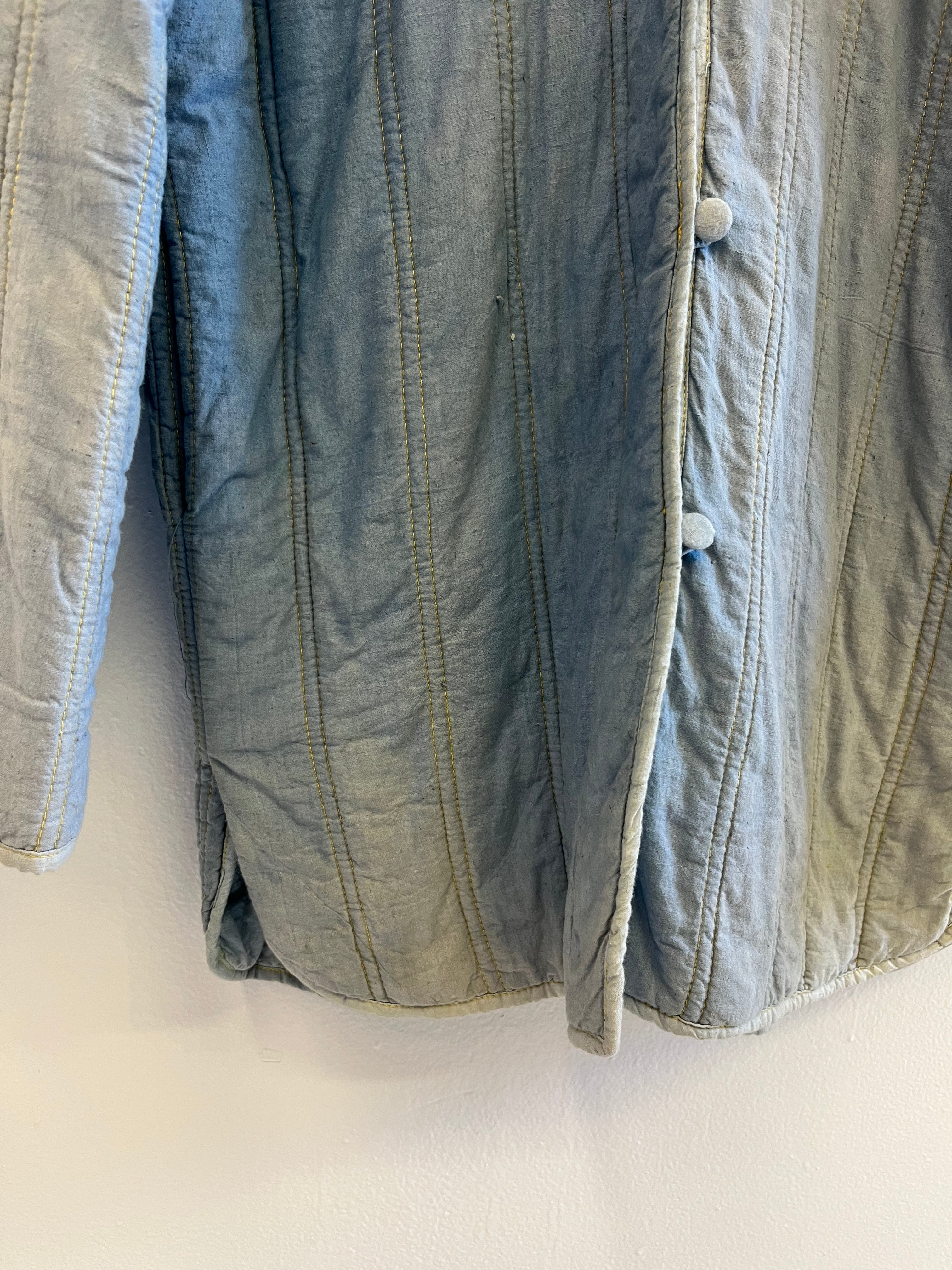 1930s French Theater-Found Faded Indigo Quilted Linen Jacket - Faded Cornflower Blue - M/L