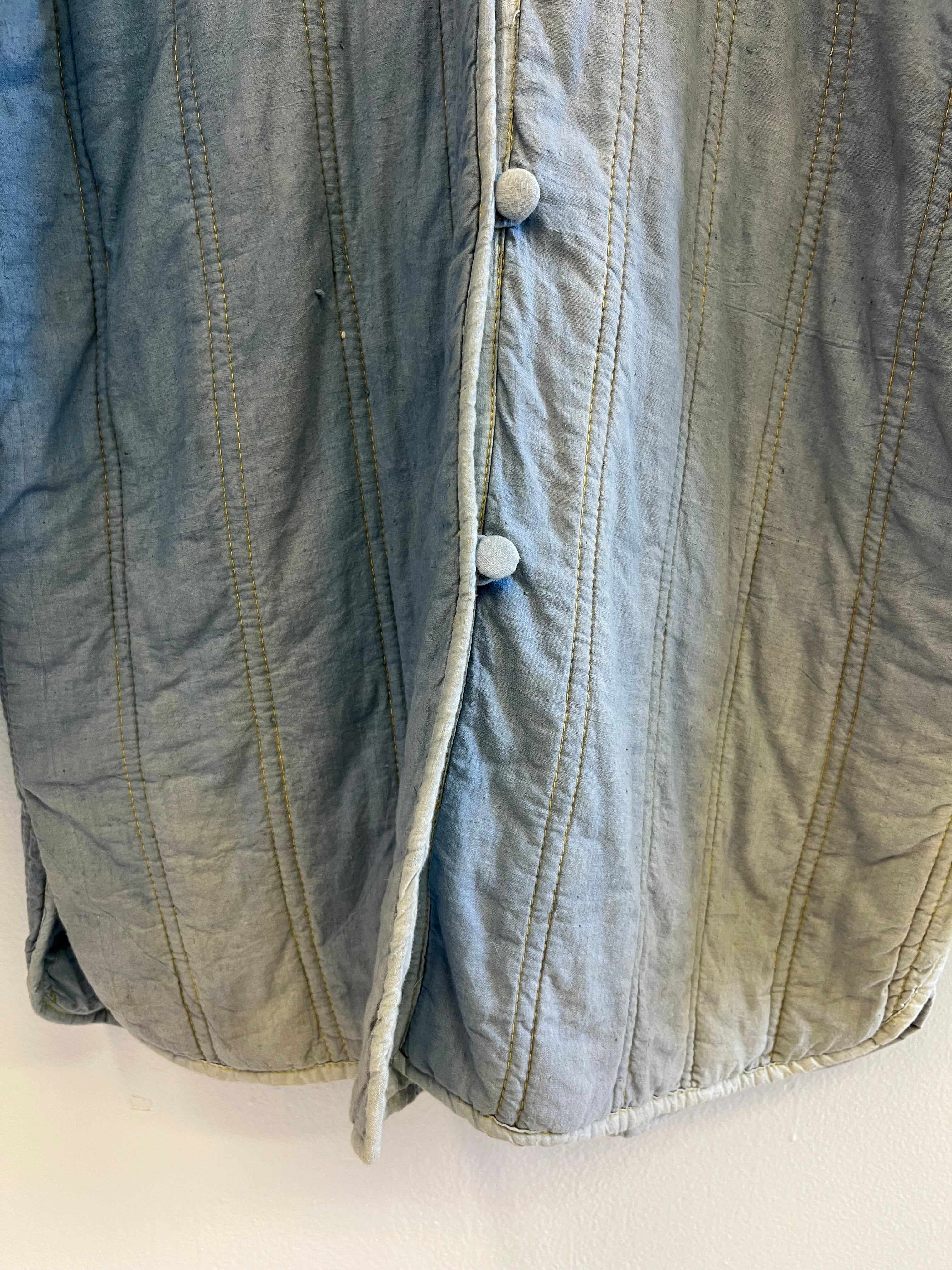 1930s French Theater-Found Faded Indigo Quilted Linen Jacket - Faded Cornflower Blue - M/L