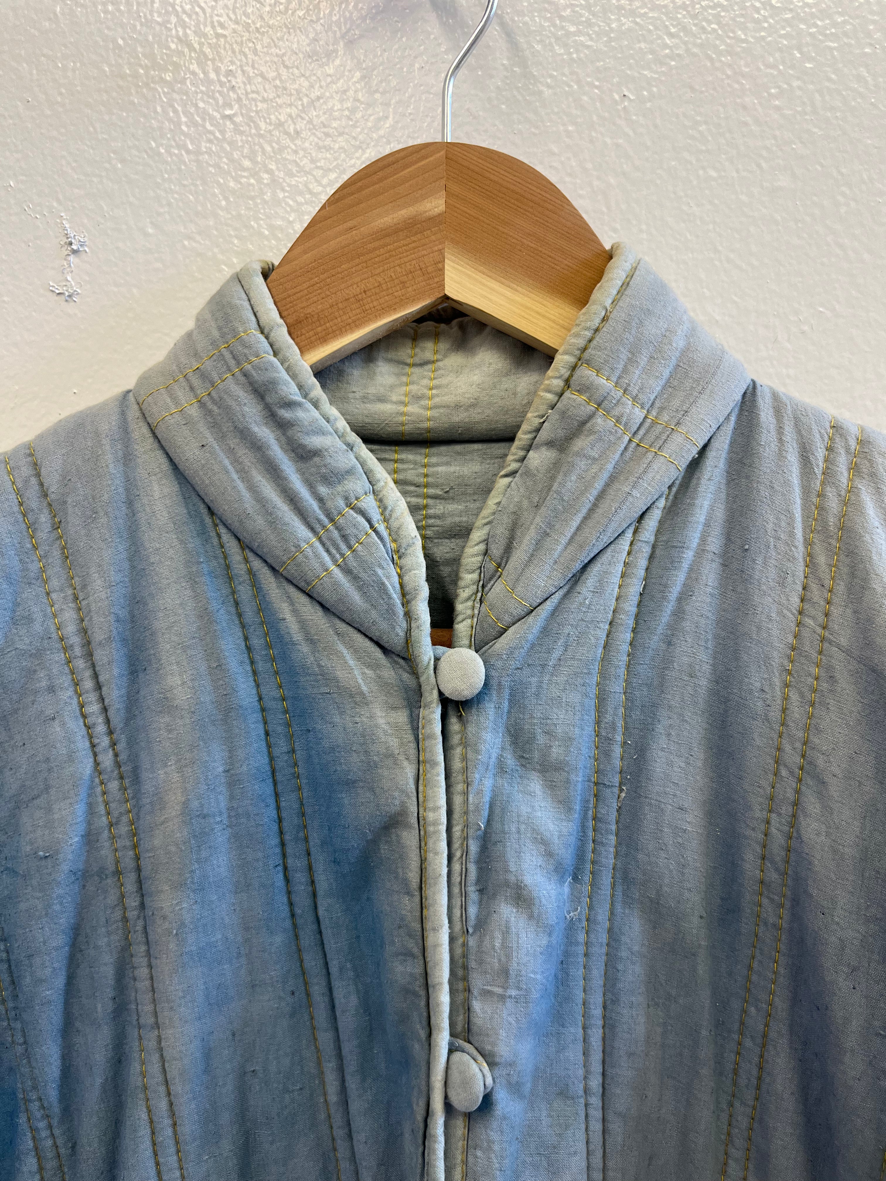 1930s French Theater-Found Faded Indigo Quilted Linen Jacket - Faded Cornflower Blue - M/L