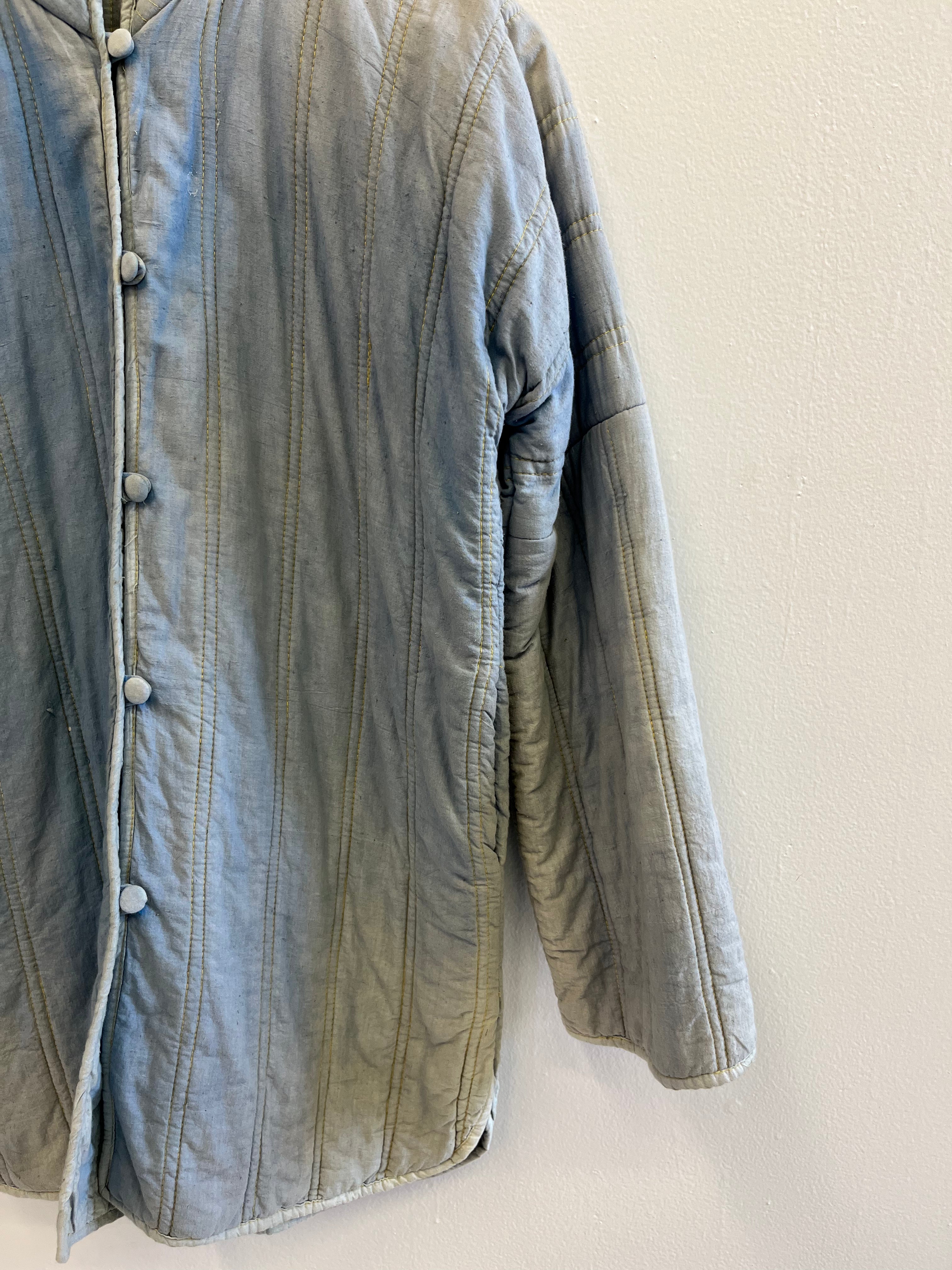 1930s French Theater-Found Faded Indigo Quilted Linen Jacket - Faded Cornflower Blue - M/L