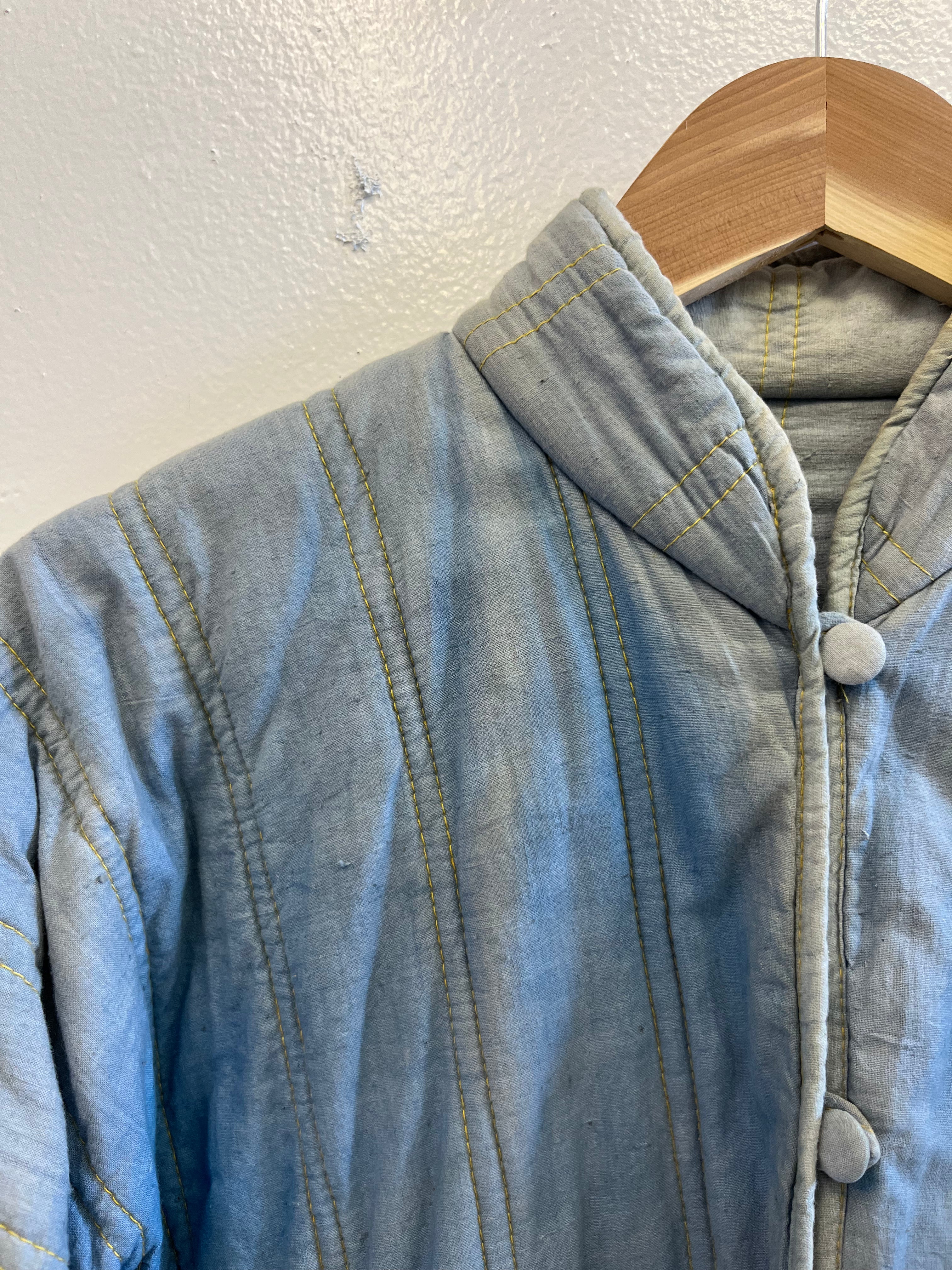 1930s French Theater-Found Faded Indigo Quilted Linen Jacket - Faded Cornflower Blue - M/L