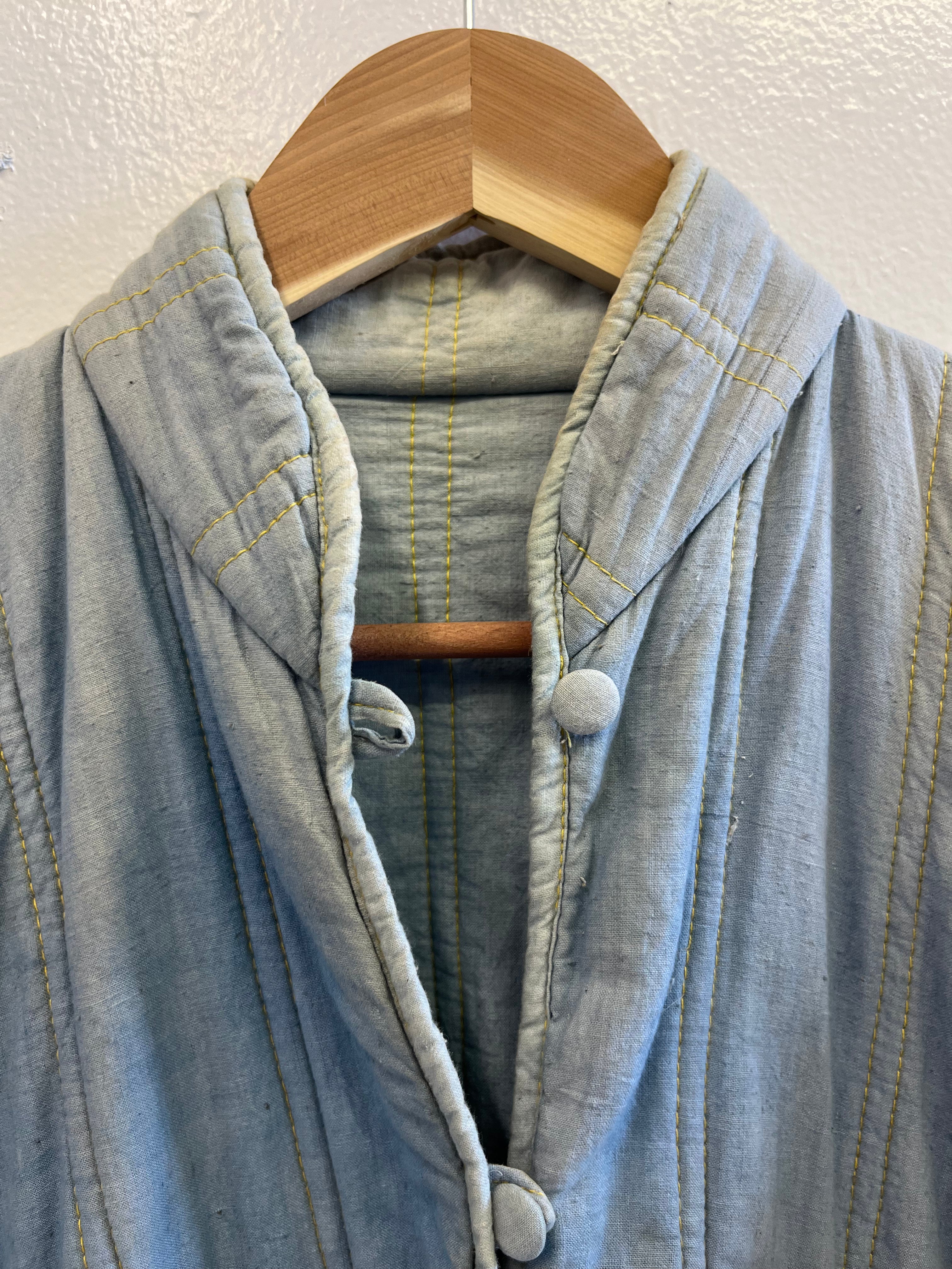 1930s French Theater-Found Faded Indigo Quilted Linen Jacket - Faded Cornflower Blue - M/L