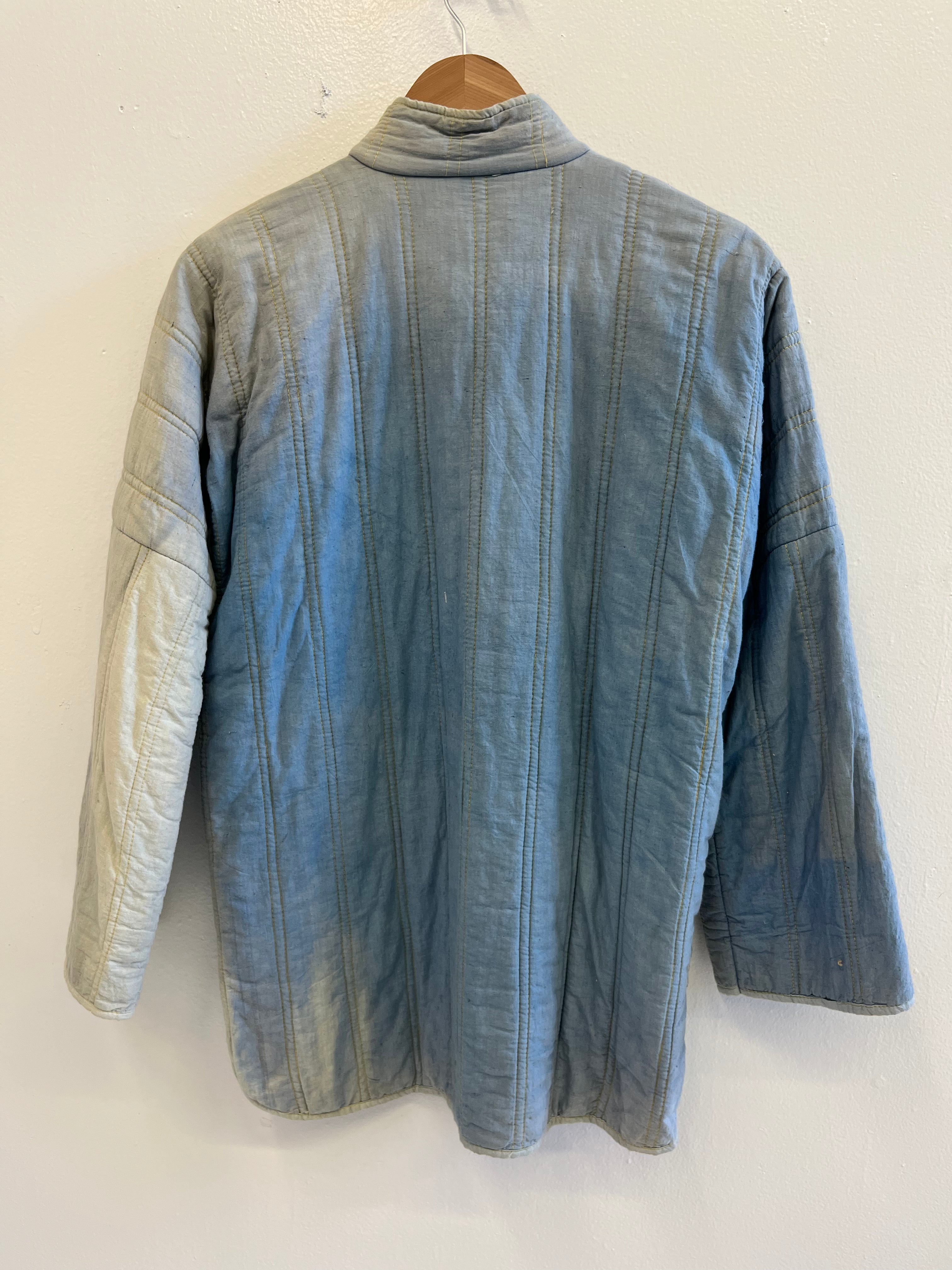 1930s French Theater-Found Faded Indigo Quilted Linen Jacket - Faded Cornflower Blue - M/L