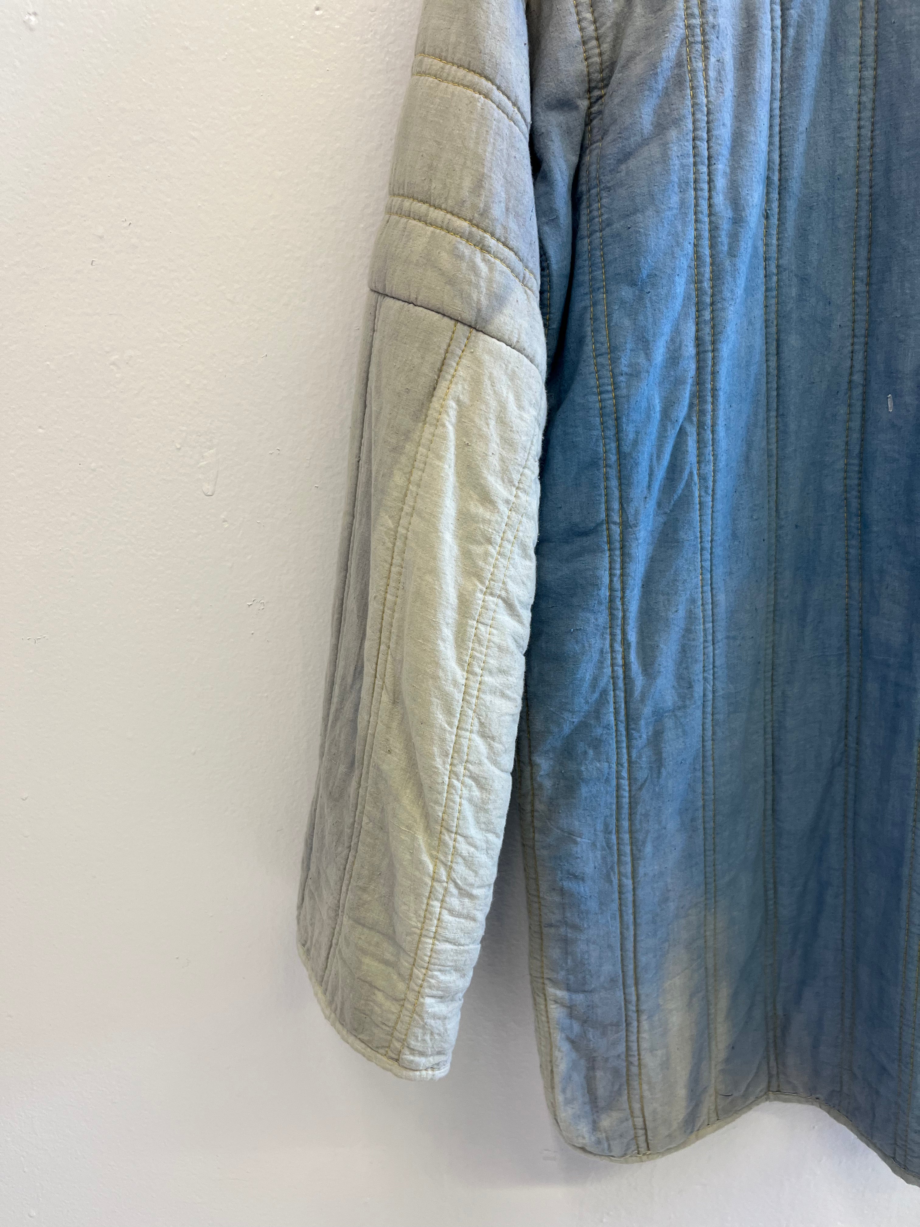 1930s French Theater-Found Faded Indigo Quilted Linen Jacket - Faded Cornflower Blue - M/L