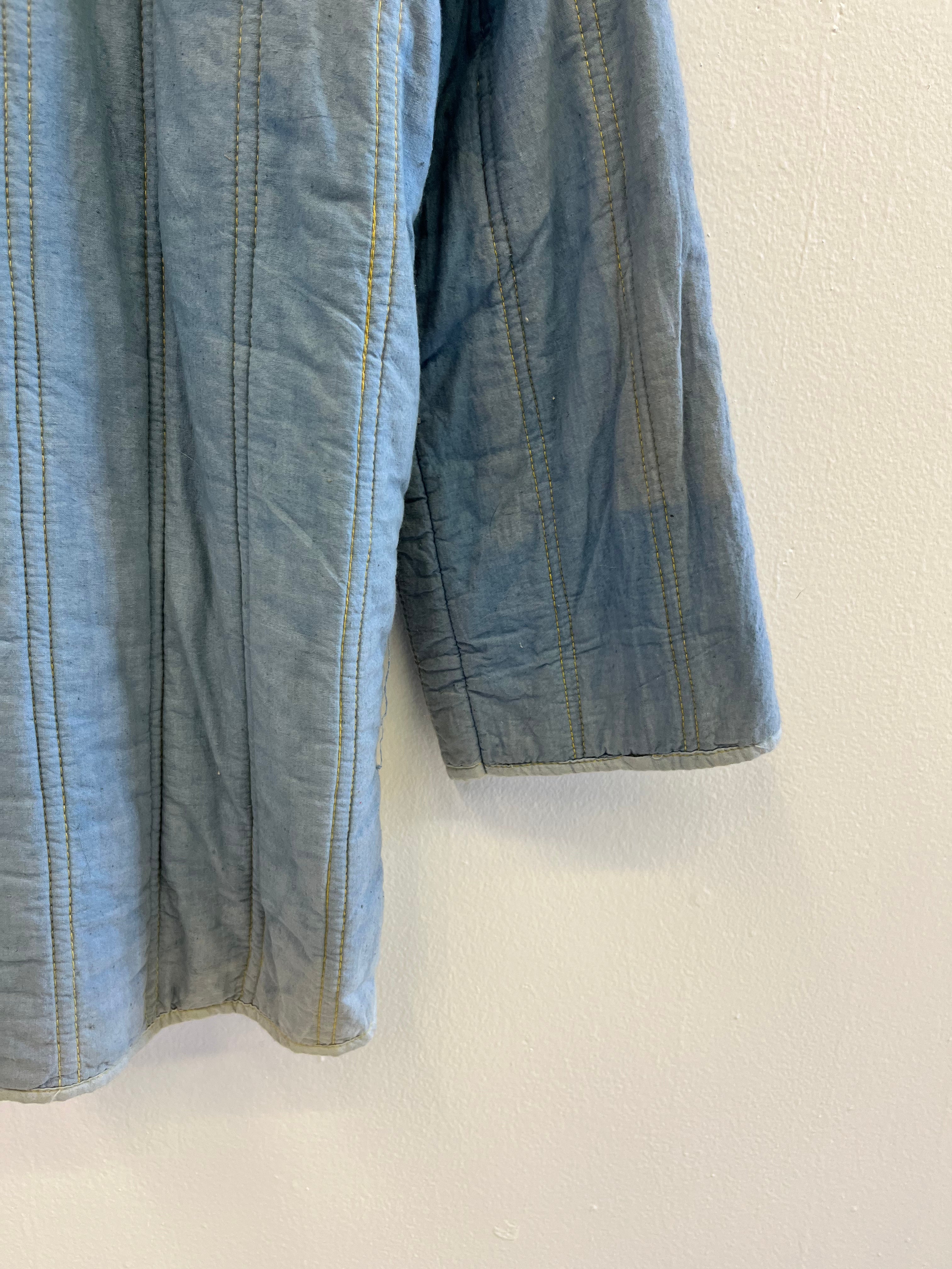 1930s French Theater-Found Faded Indigo Quilted Linen Jacket - Faded Cornflower Blue - M/L