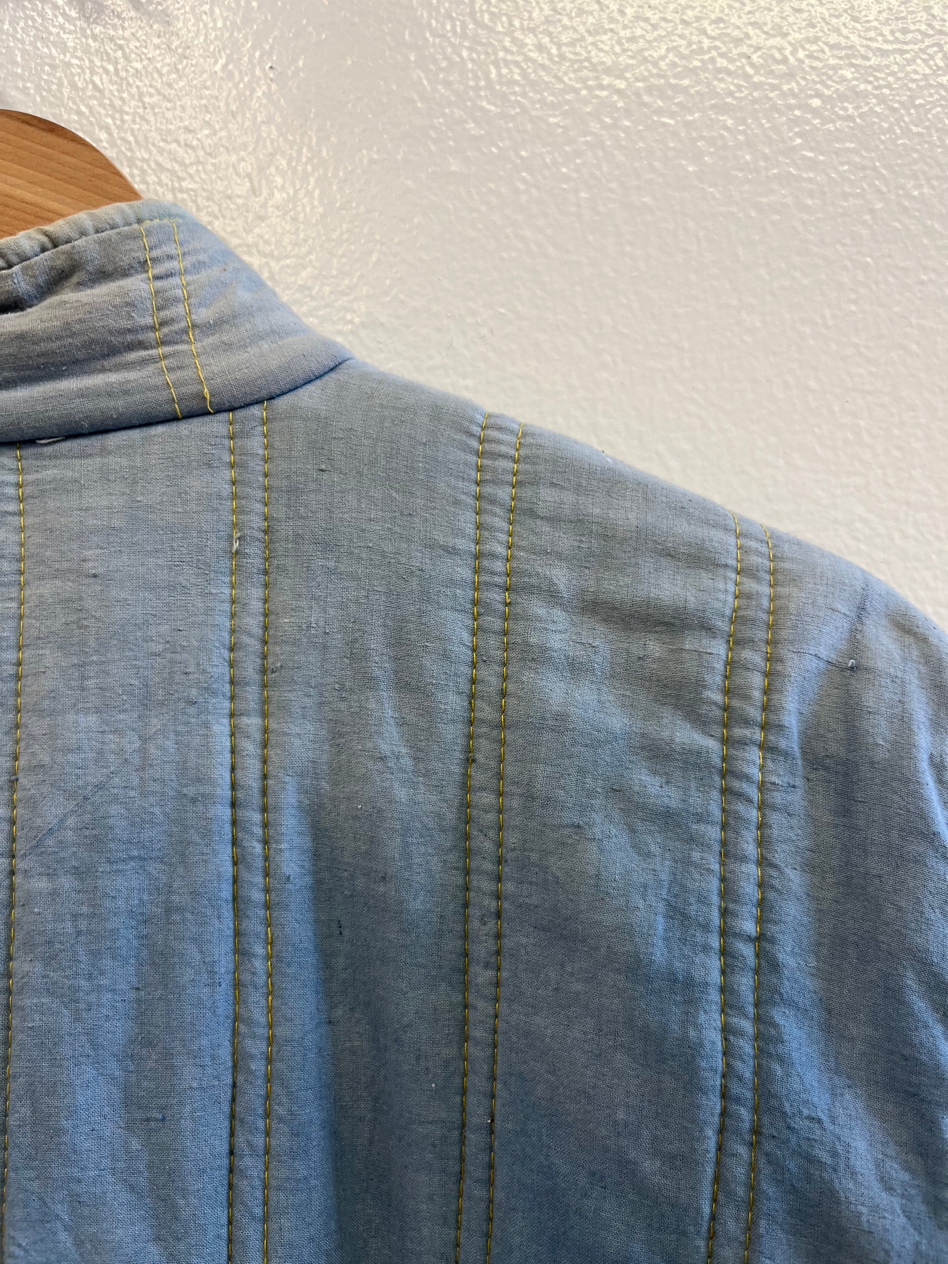 1930s French Theater-Found Faded Indigo Quilted Linen Jacket - Faded Cornflower Blue - M/L