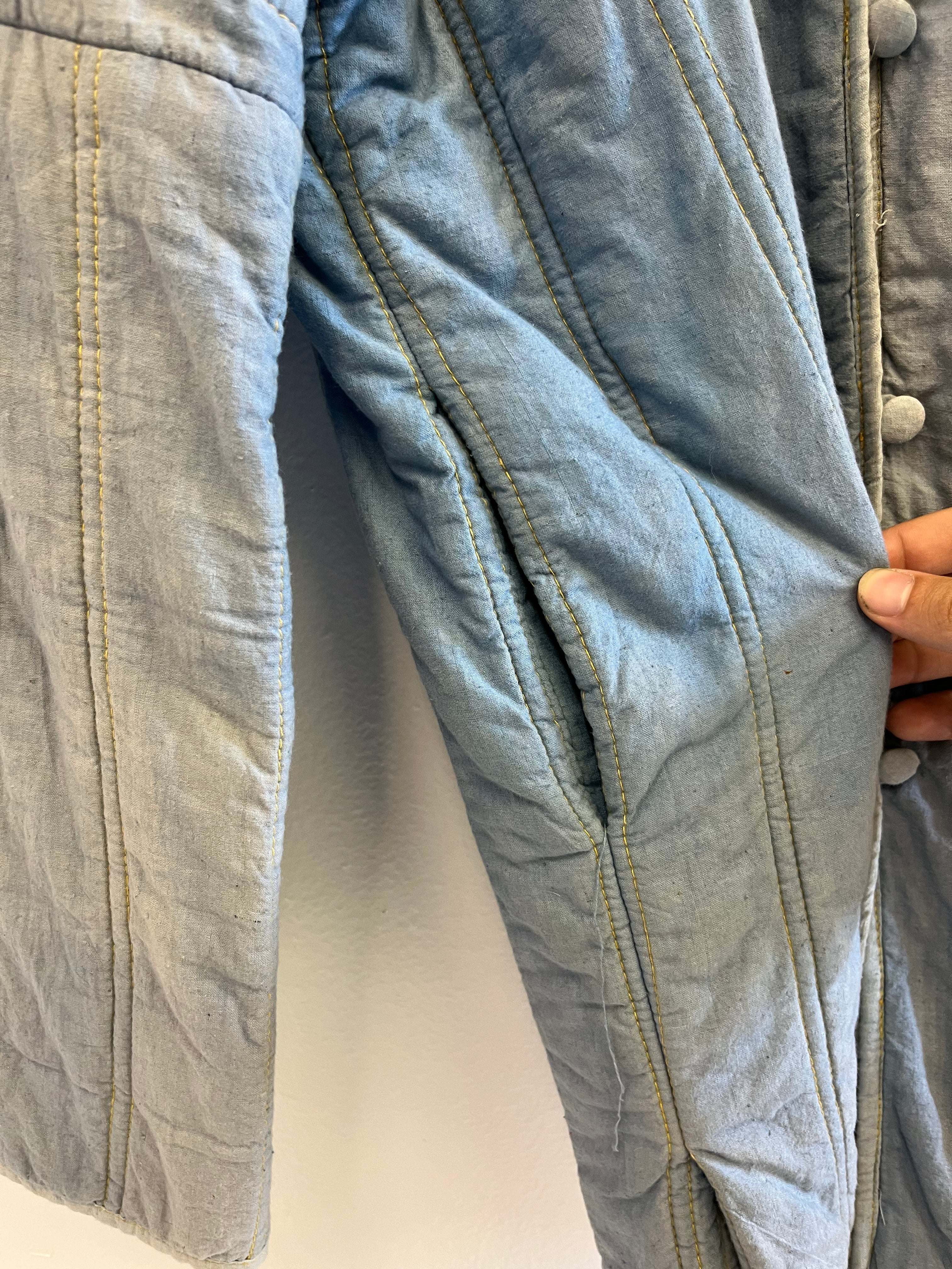1930s French Theater-Found Faded Indigo Quilted Linen Jacket - Faded Cornflower Blue - M/L