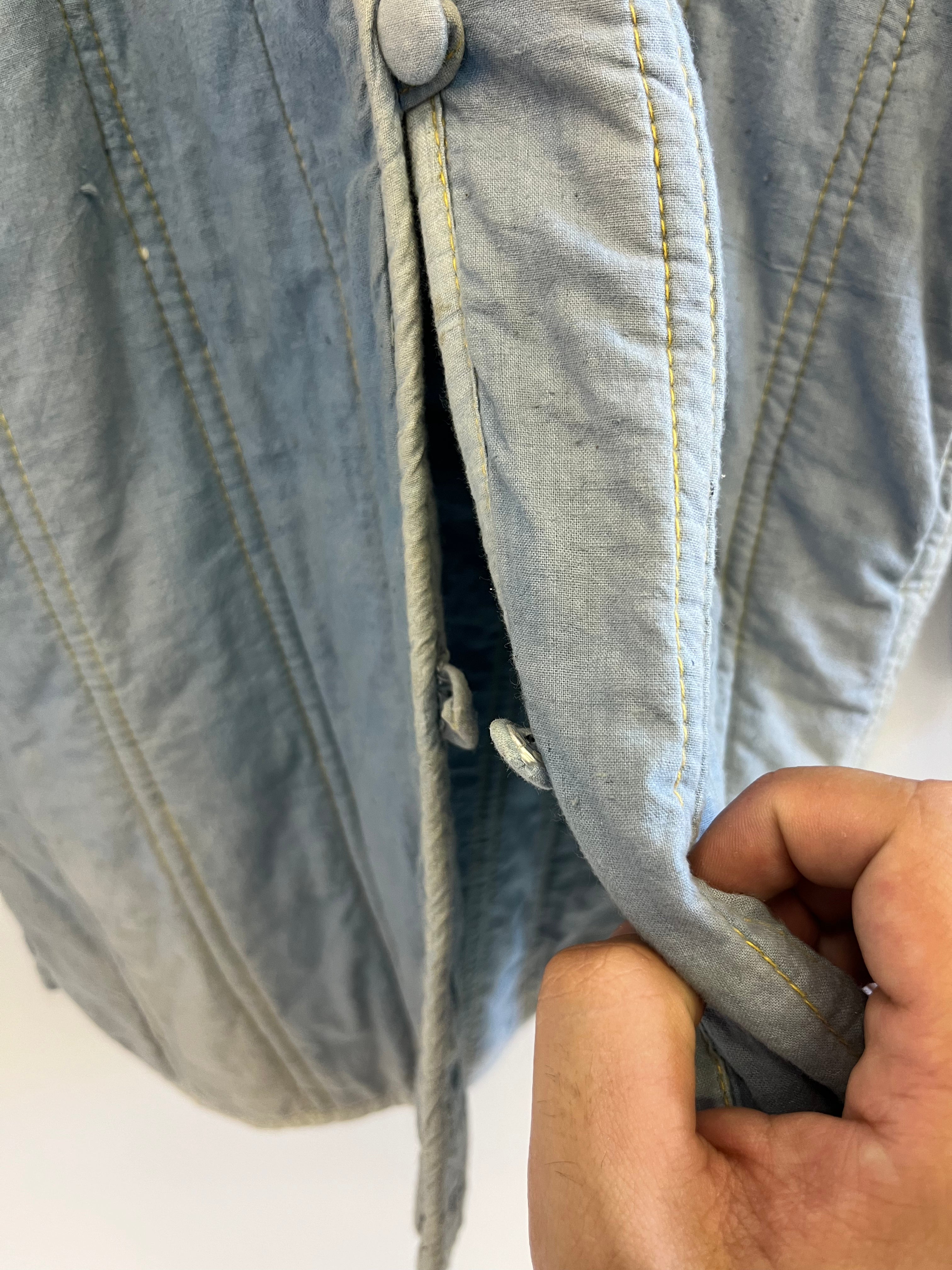 1930s French Theater-Found Faded Indigo Quilted Linen Jacket - Faded Cornflower Blue - M/L