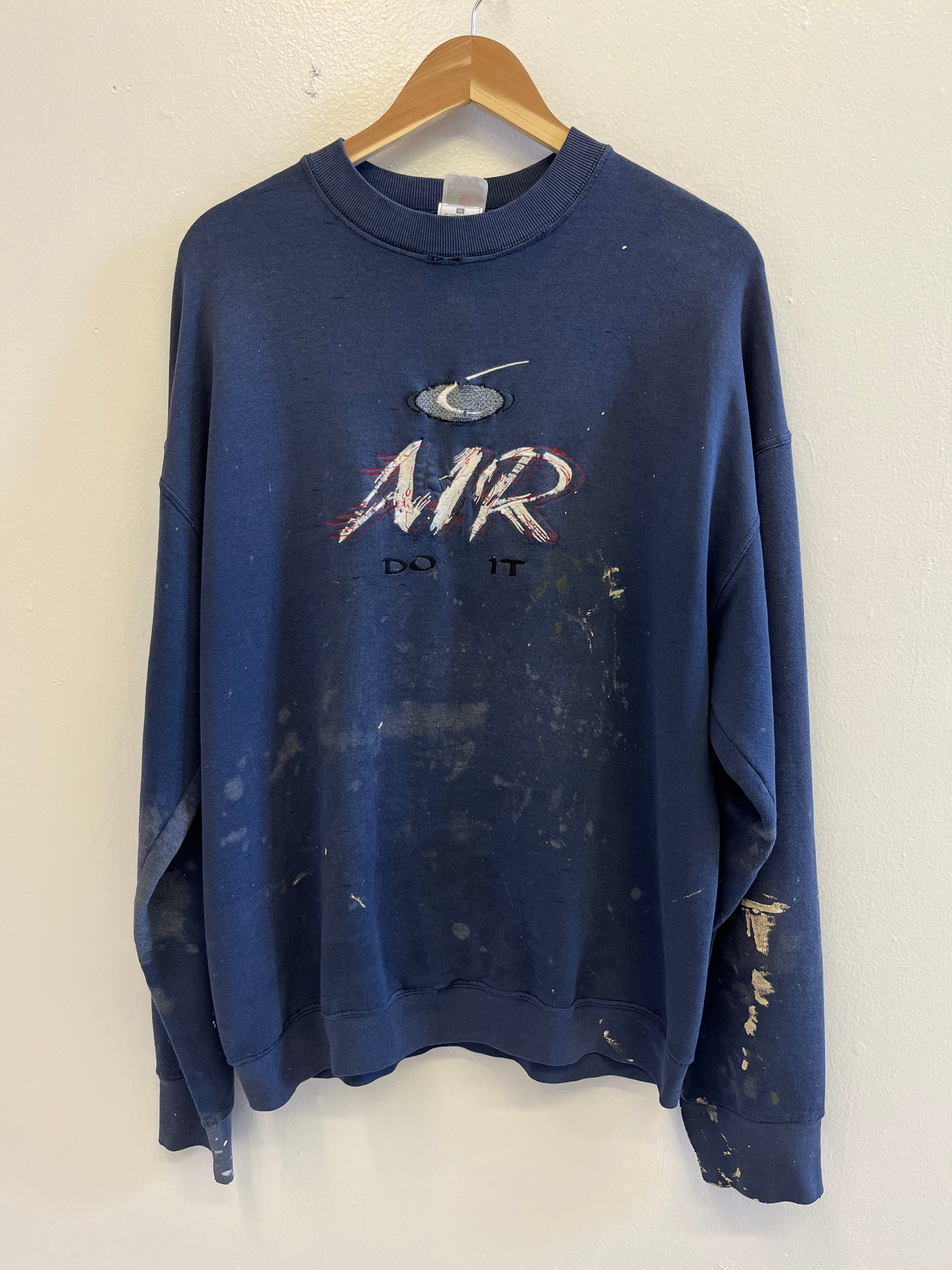 1990s Distressed Bootleg 'Nike Air' Crewneck Sweatshirt - Faded Navy - XL