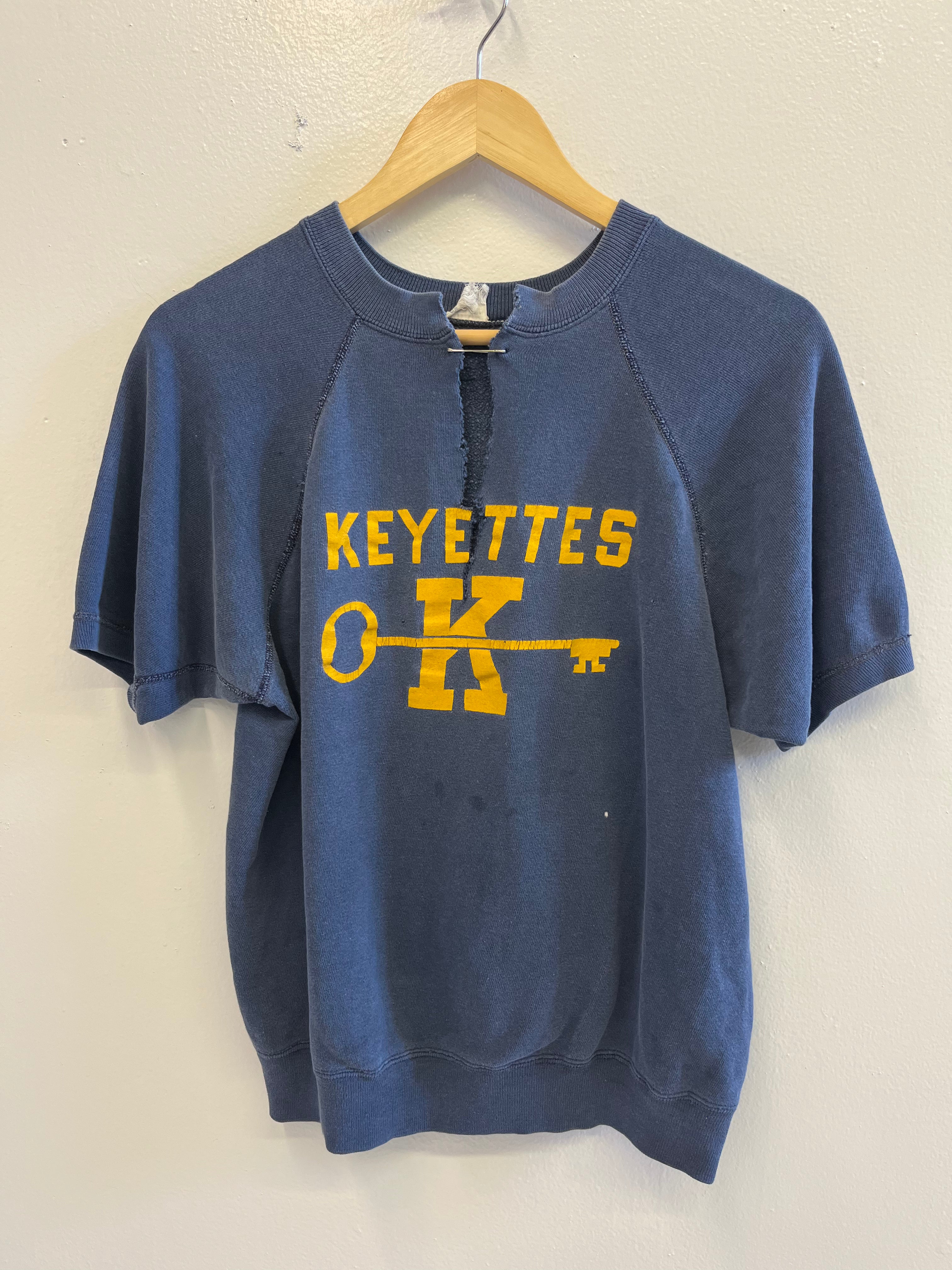 1960s 'Keyettes' Raglan Short-Sleeve Sweatshirt - Faded Navy - S/M