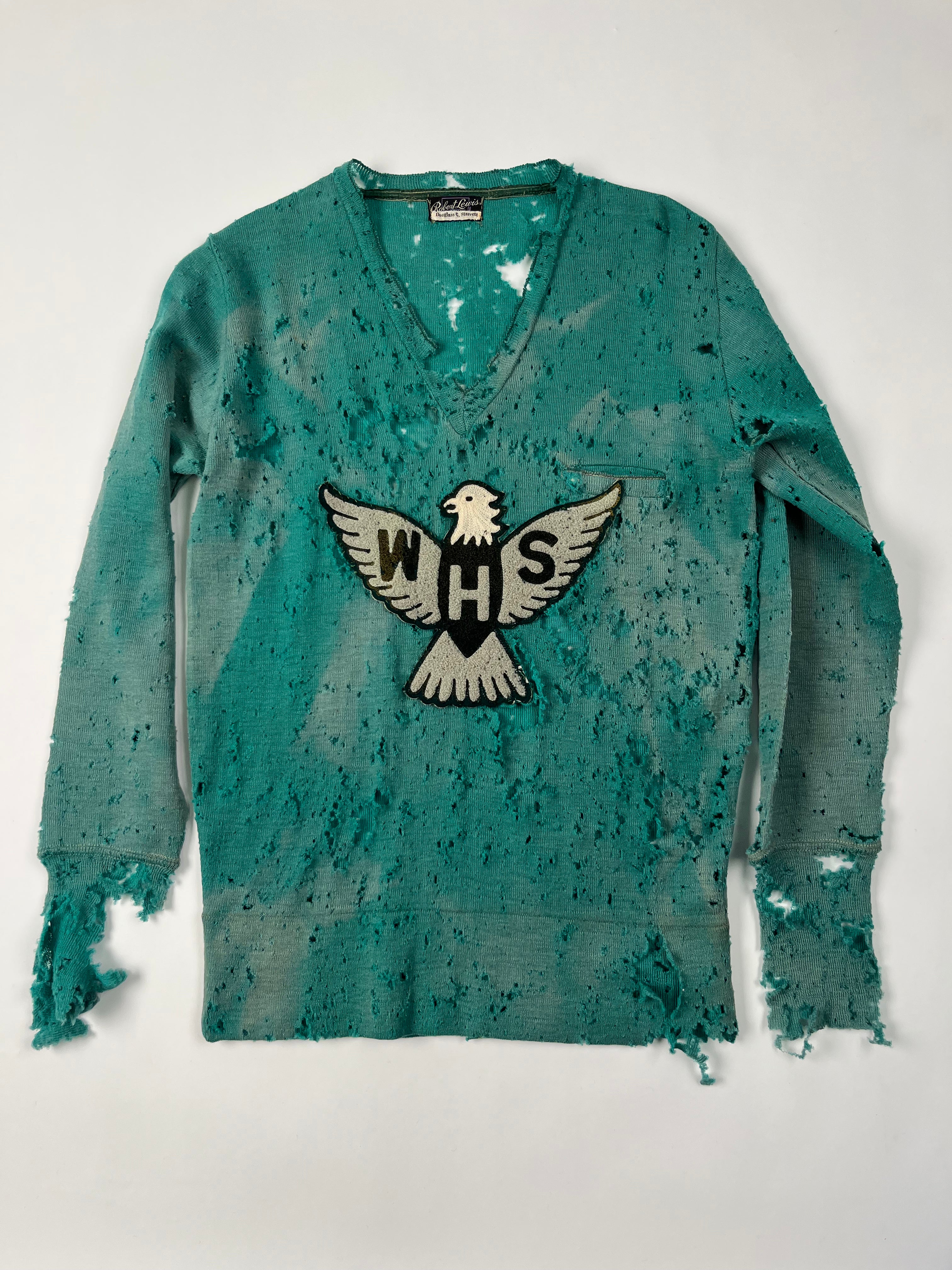 1930s Thrashed & Faded Athletics Knit Sweater with Chenille Patch - Jade Green/Blue-Green - M/L