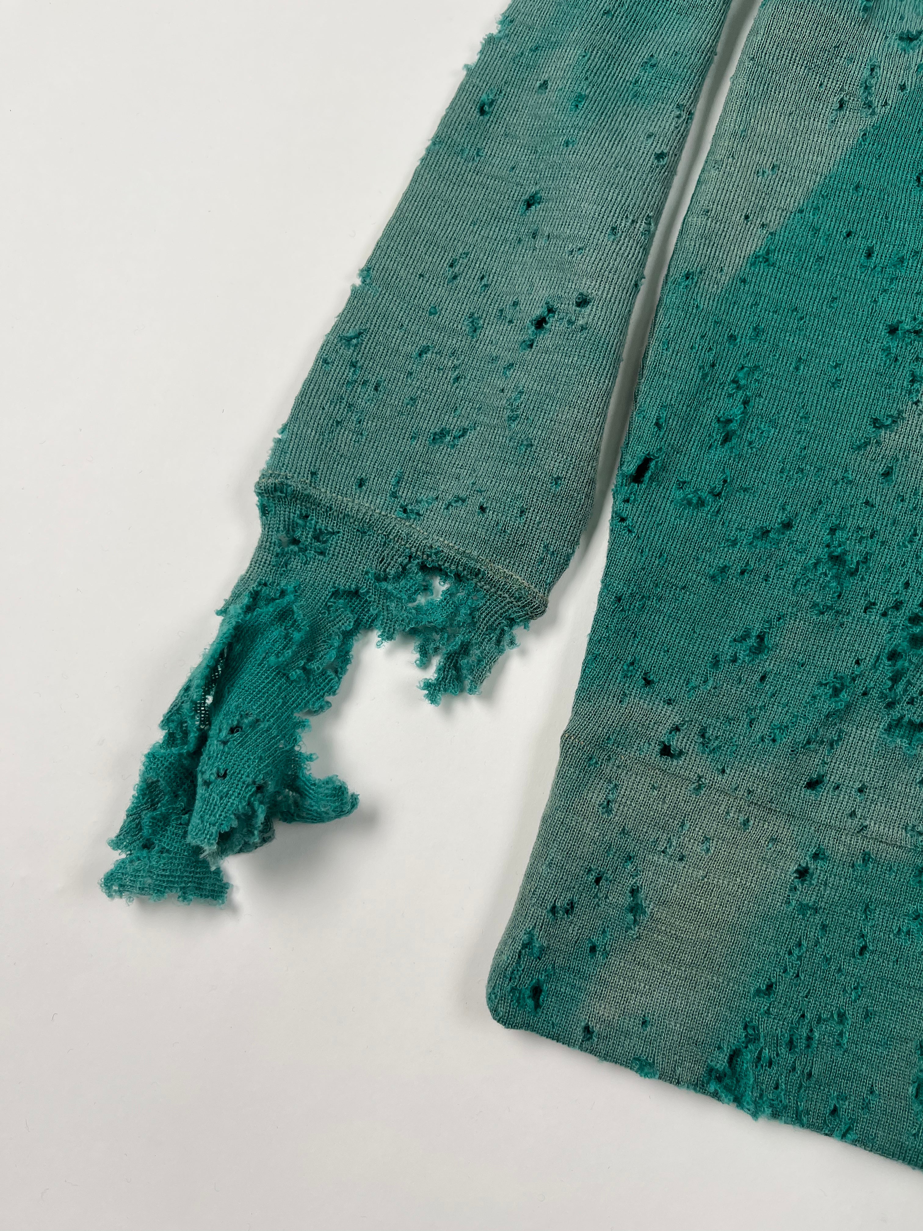 1930s Thrashed & Faded Athletics Knit Sweater with Chenille Patch - Jade Green/Blue-Green - M/L