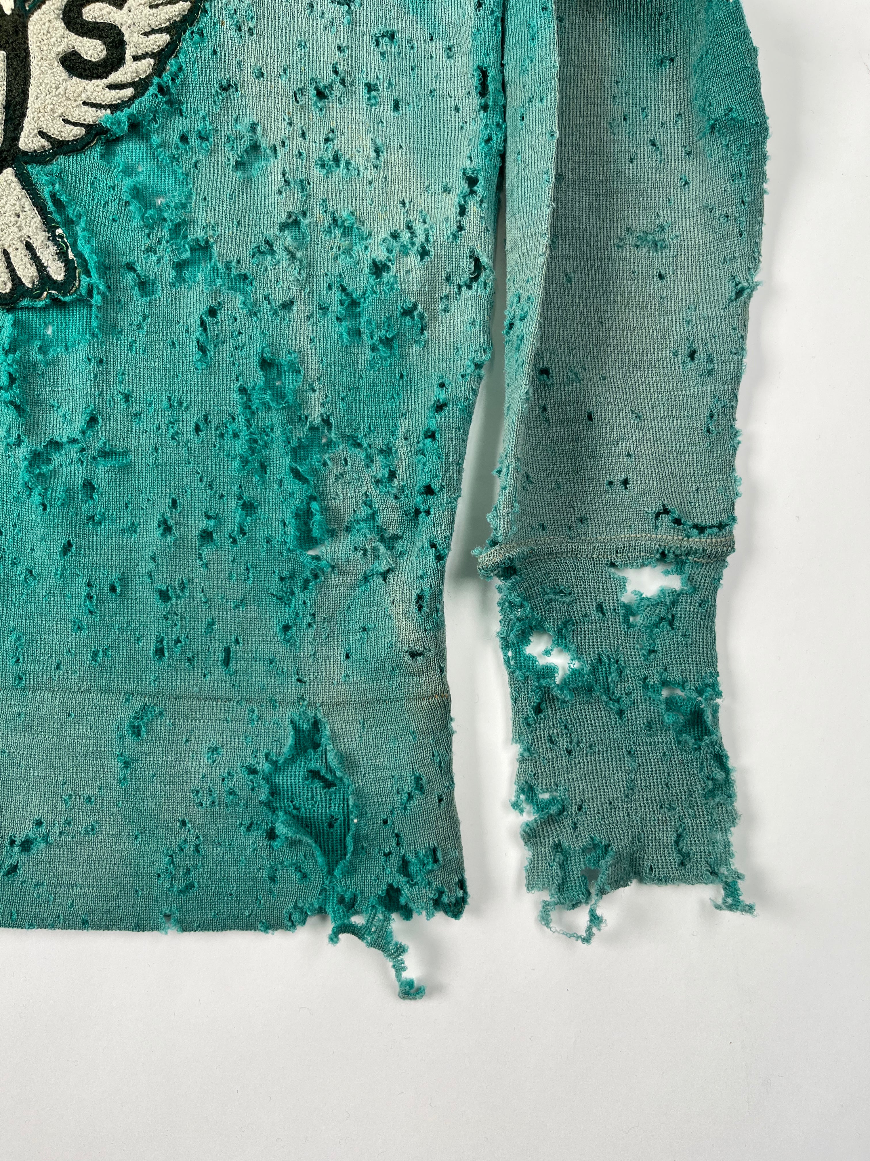 1930s Thrashed & Faded Athletics Knit Sweater with Chenille Patch - Jade Green/Blue-Green - M/L