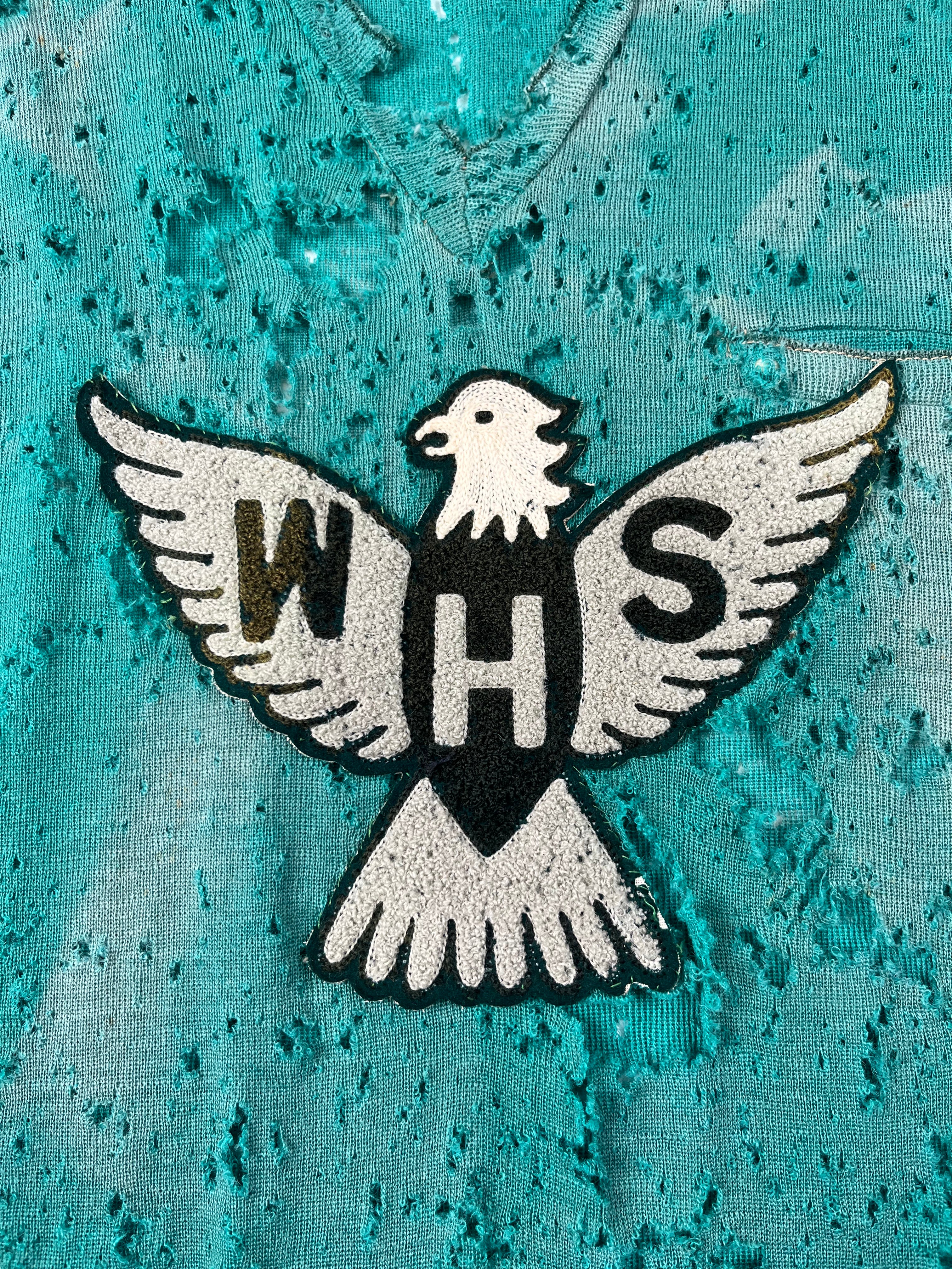 1930s Thrashed & Faded Athletics Knit Sweater with Chenille Patch - Jade Green/Blue-Green - M/L