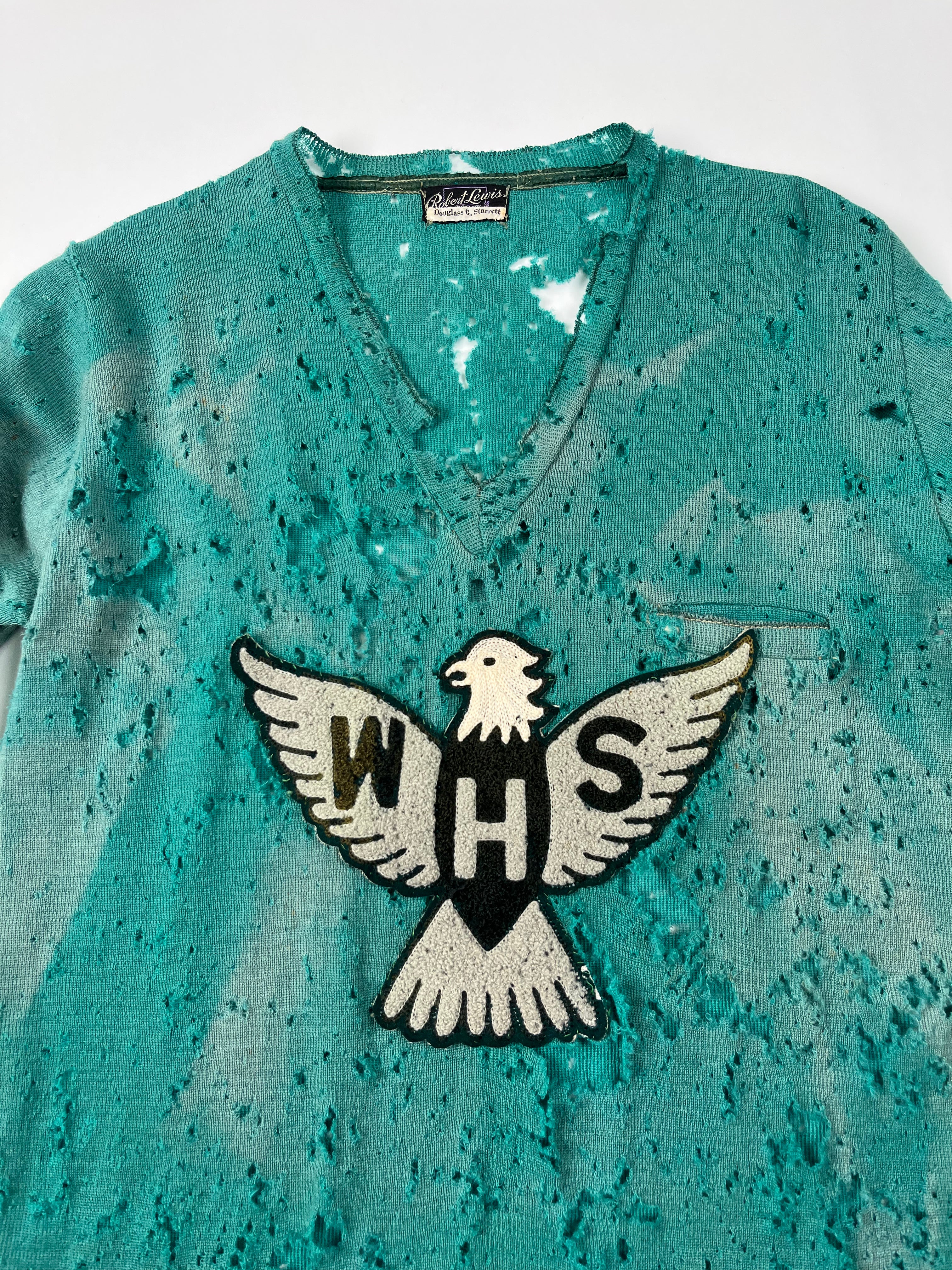1930s Thrashed & Faded Athletics Knit Sweater with Chenille Patch - Jade Green/Blue-Green - M/L