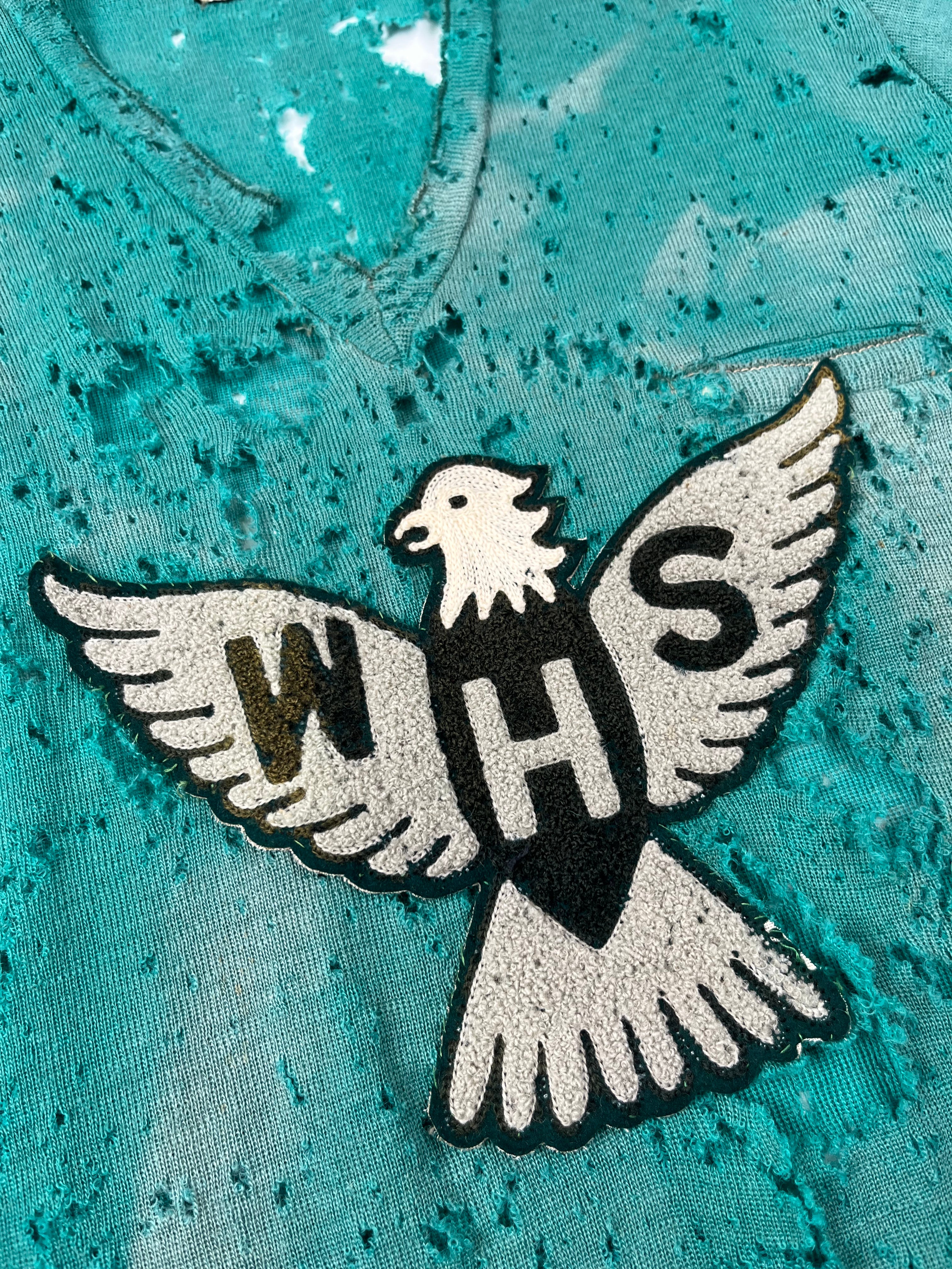 1930s Thrashed & Faded Athletics Knit Sweater with Chenille Patch - Jade Green/Blue-Green - M/L