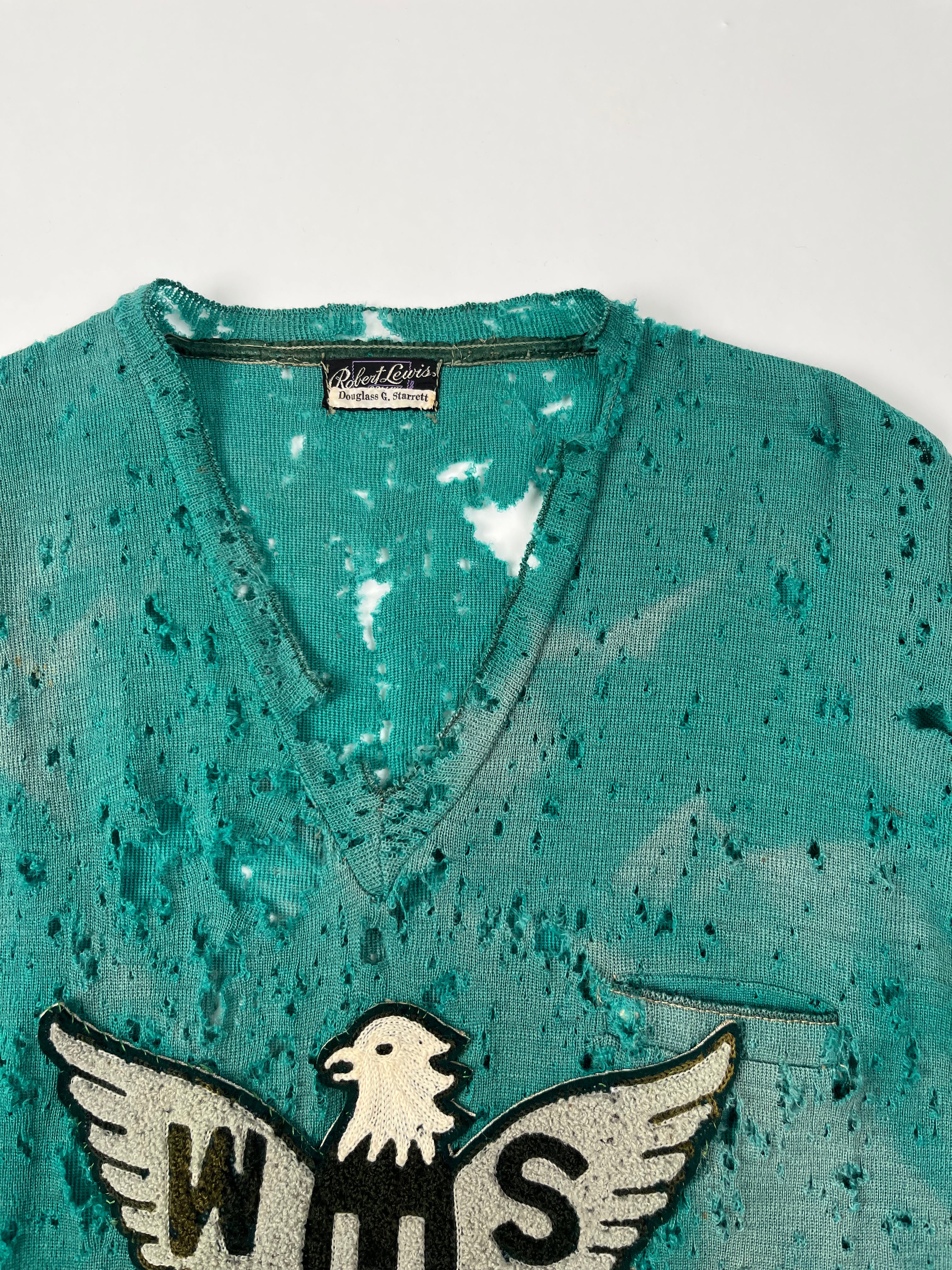 1930s Thrashed & Faded Athletics Knit Sweater with Chenille Patch - Jade Green/Blue-Green - M/L