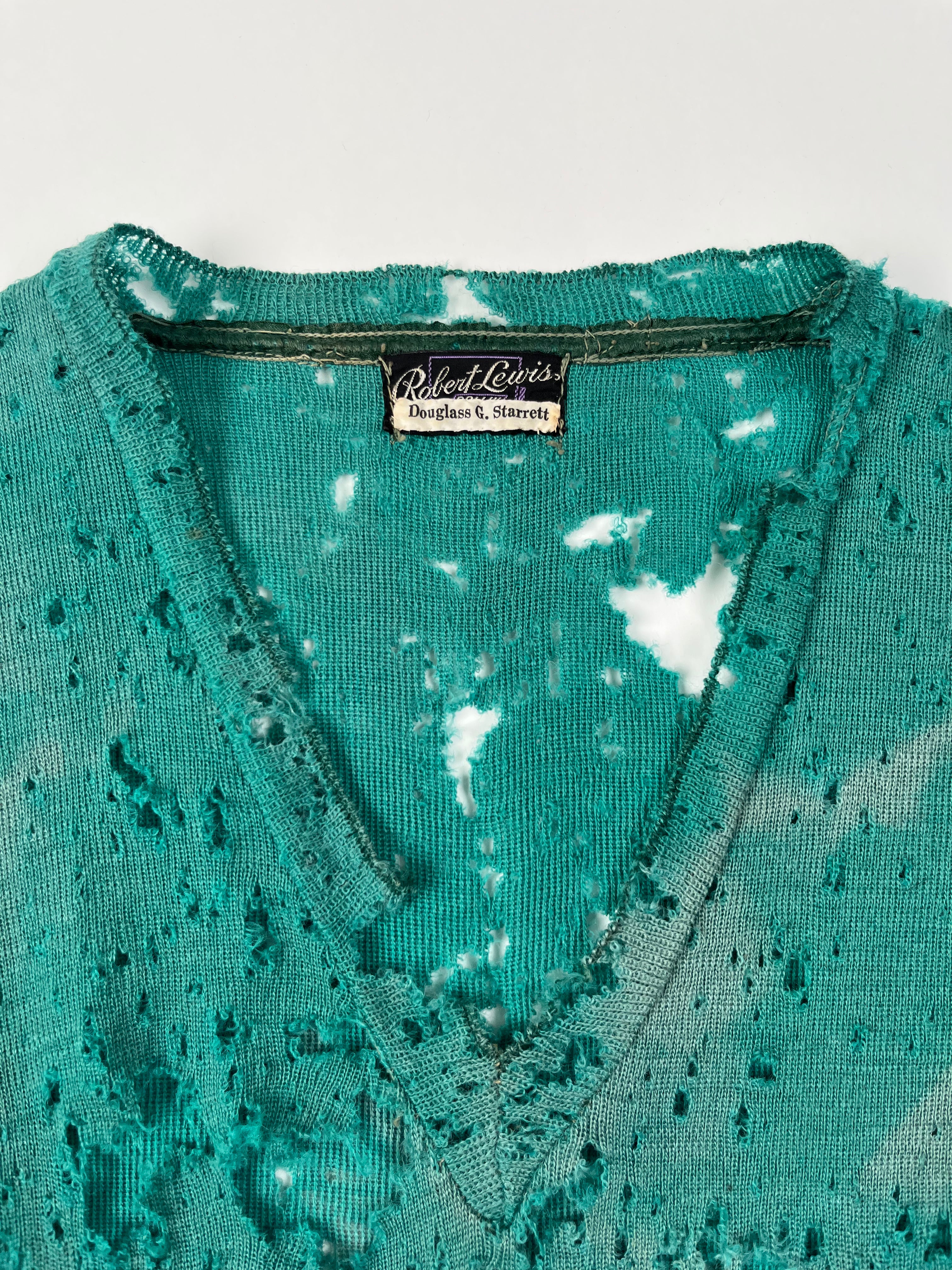 1930s Thrashed & Faded Athletics Knit Sweater with Chenille Patch - Jade Green/Blue-Green - M/L