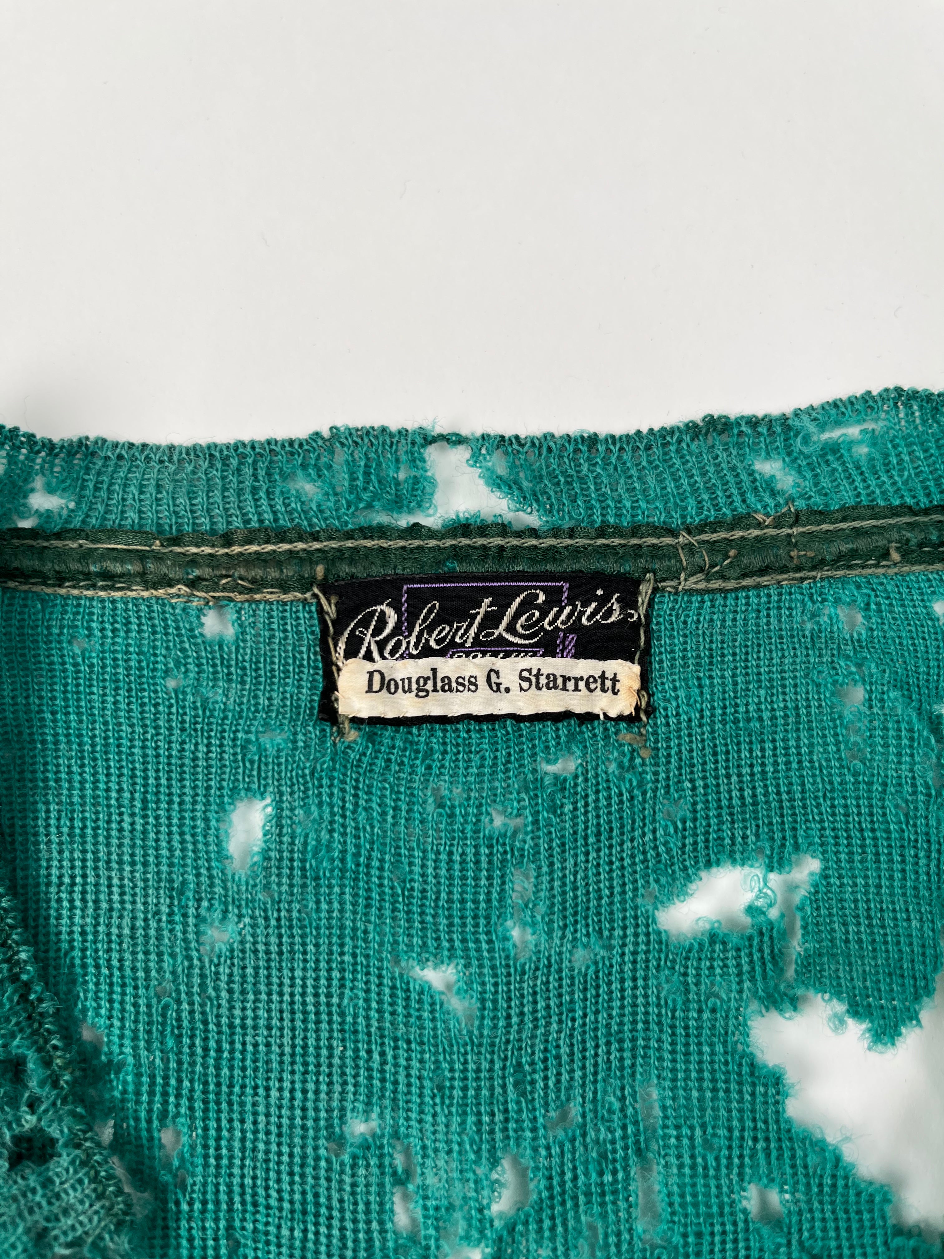 1930s Thrashed & Faded Athletics Knit Sweater with Chenille Patch - Jade Green/Blue-Green - M/L