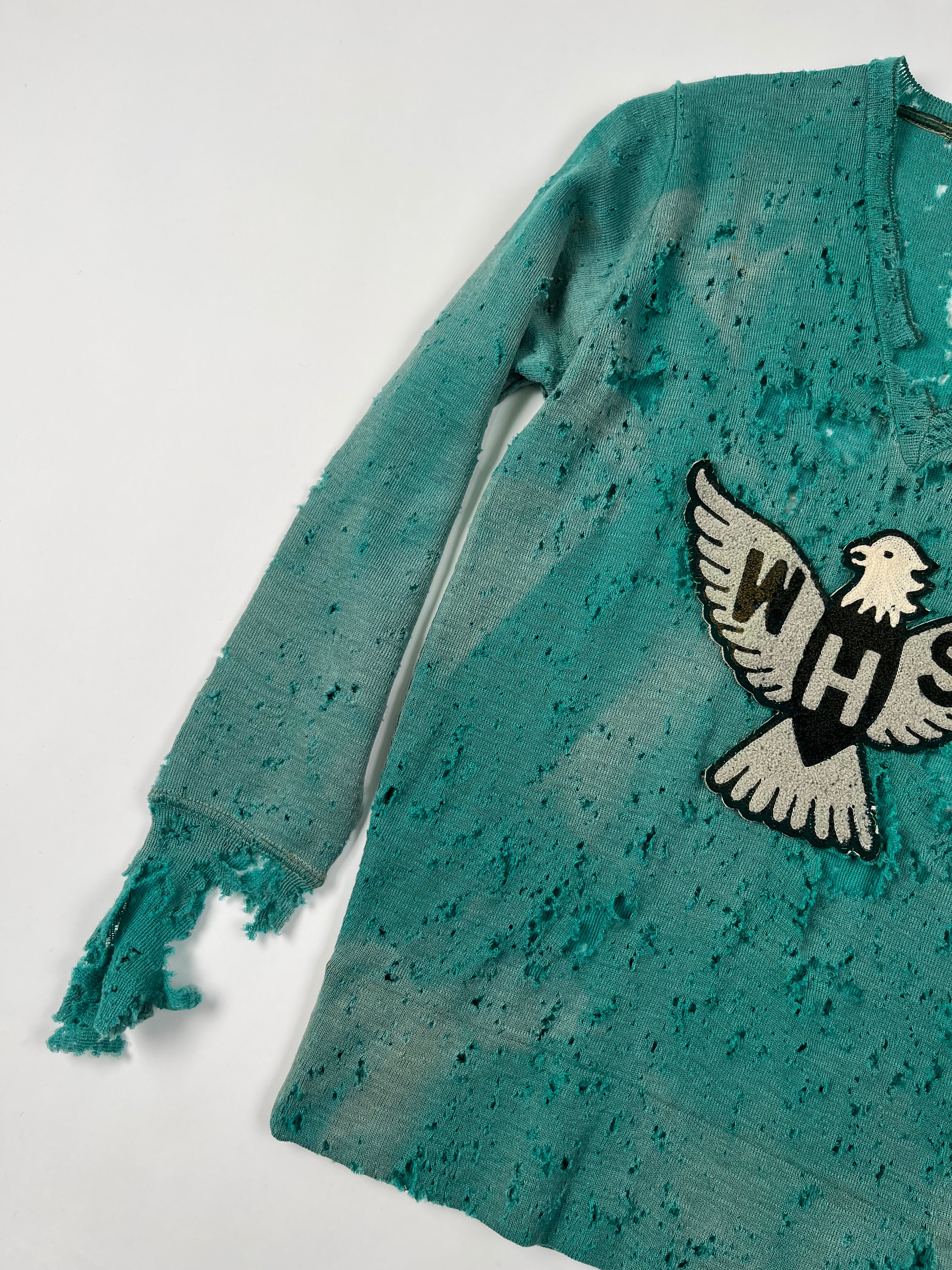 1930s Thrashed & Faded Athletics Knit Sweater with Chenille Patch - Jade Green/Blue-Green - M/L